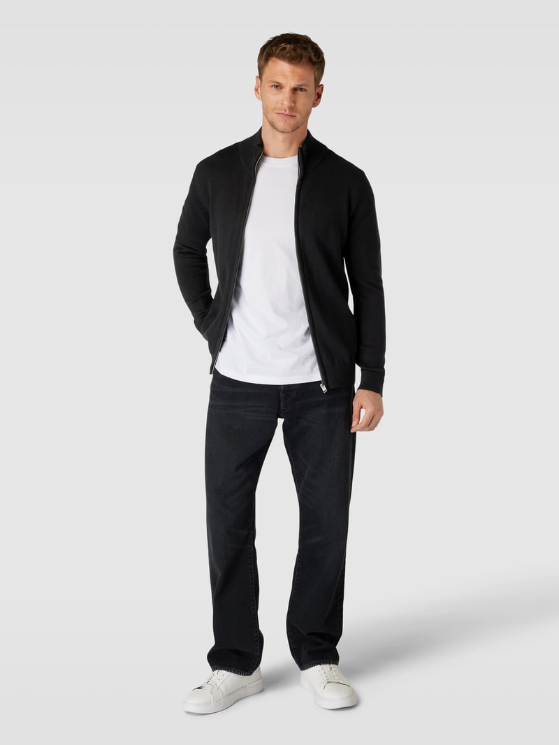 Strickjacke mit Label-Stitching Modell 'STAND JACKET' in schwarz