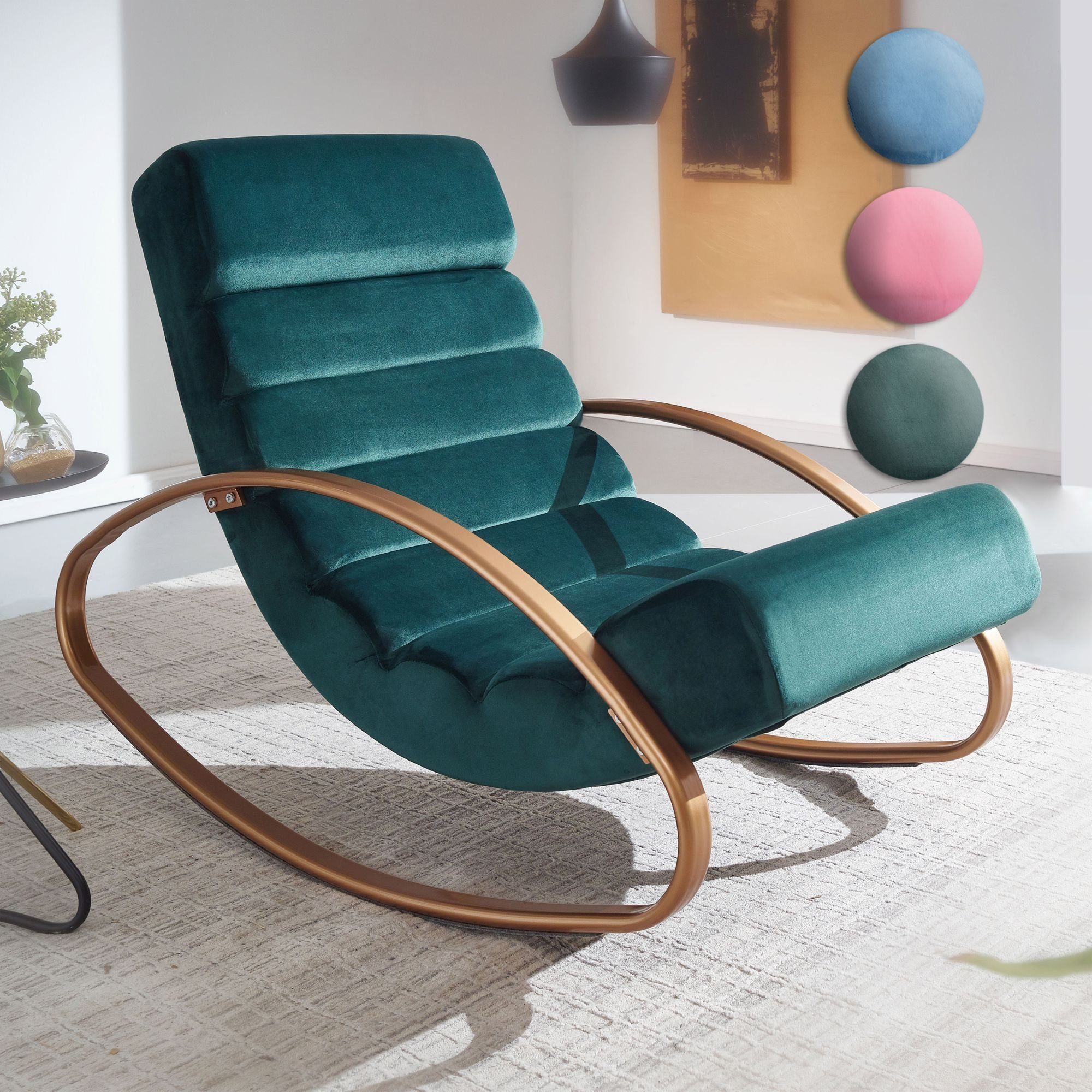 FINEBUY Schaukelstuhl FB23824 (Relaxliege Samt Blau / Gold 150 kg 61x81x111 cm), Schwingsessel Modern, Schwingstuhl Lounge Liege