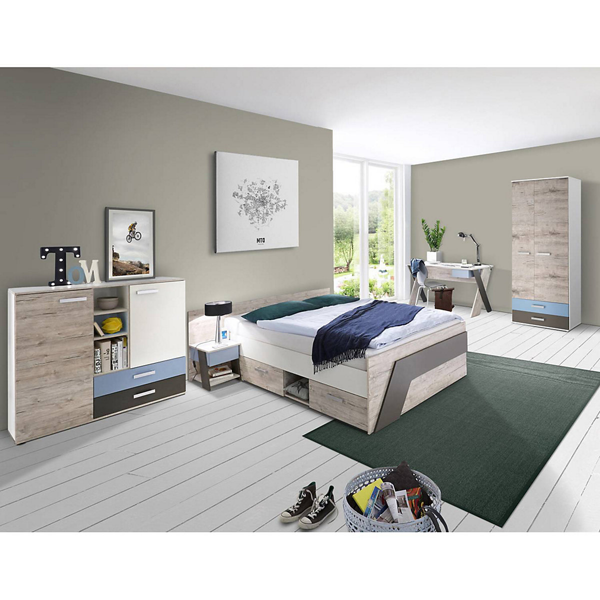 Jugendzimmer Komplett-Set mit Bett 140x200 cm mit Kleiderschrank LEEDS-10 in Sandeiche Nb. mit weiß, Lava und Denim Blau