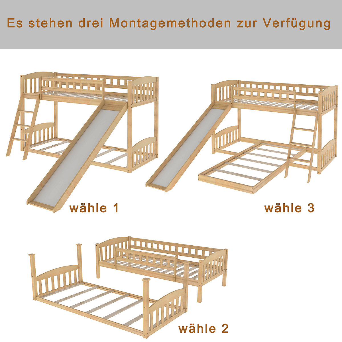 Etagenbett mit Rutsche, Niedriger Kinderbett Etagenbettrahmen Massives Kiefernbett 90 x 200 cm