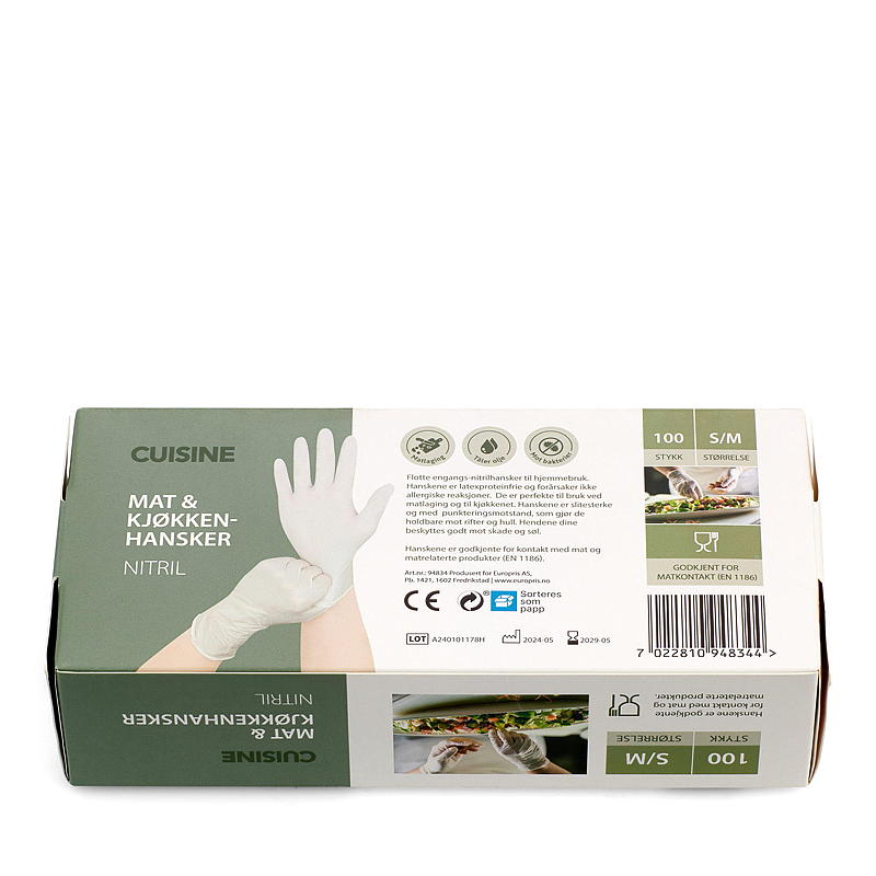 Cuisine Engangshanske 100-pk str S/M nitril hvit
