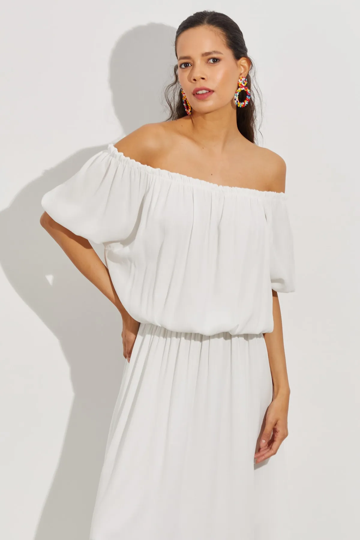 Cool & Sexy  Weißes, gefüttertes Midikleid mit Madonna-Kragen für Damen BK261062