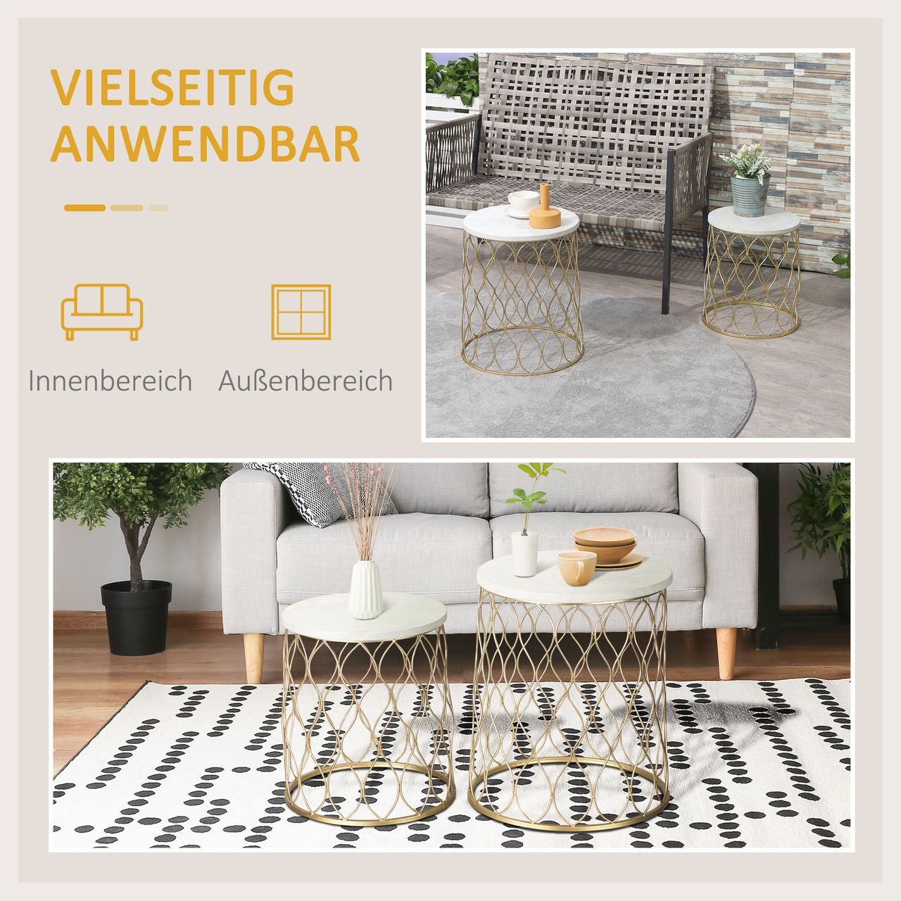 Outsunny 2er-Set Gartentisch Beistelltische Couchtische Retro Drahtkorb Metallkorb Garten Satztisch Gartenmöbel Outdoor Balkon Stahl Gold   Weiß Ø41 x 46 cm