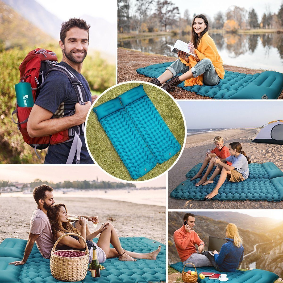 Novzep Luftbett Isomatte Camping, mit Kissen, 9cm Dicke, wasserdicht & Faltbar