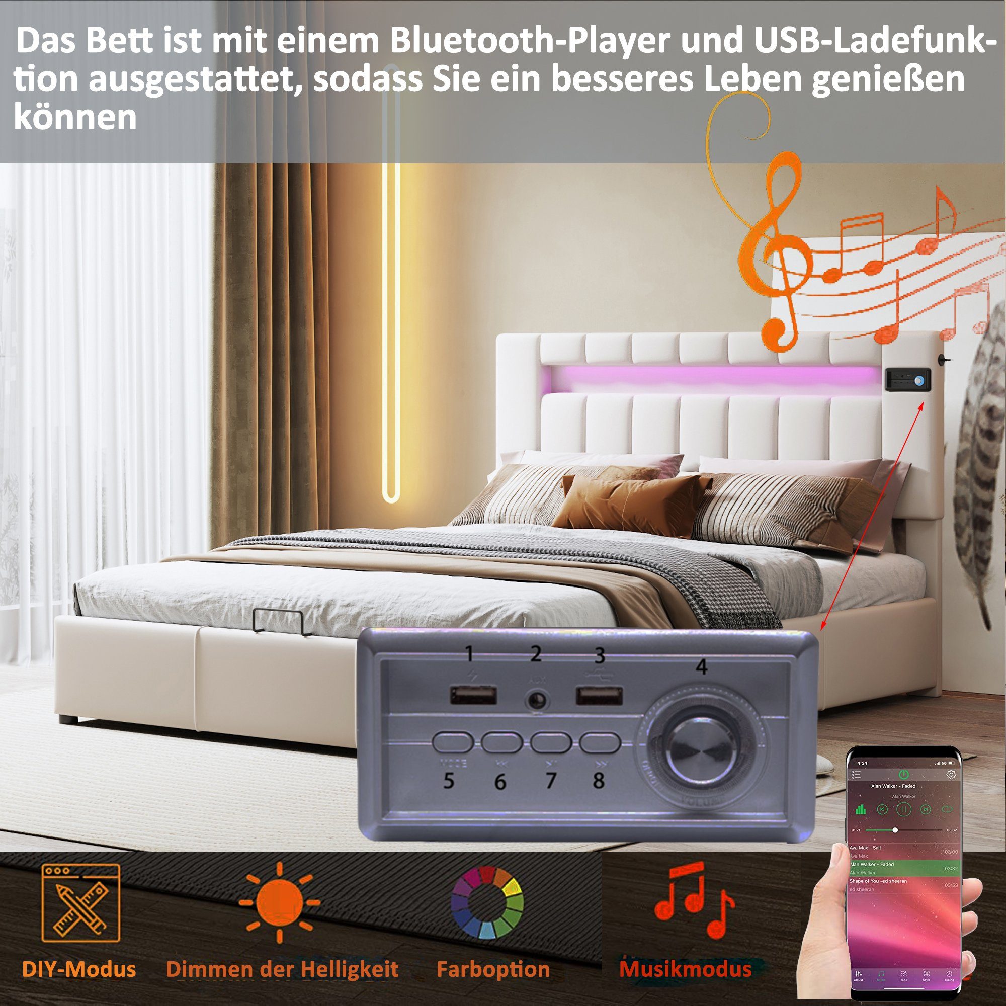 Flieks Polsterbett, LED-Licht USB-Laden hydraulisches Holzbett Samt 140x200cm