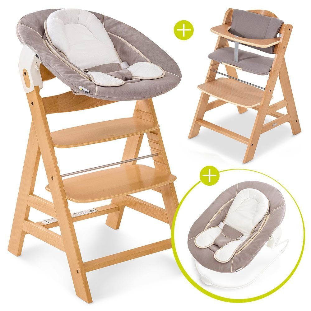 Hauck Hochstuhl Alpha Plus Natur Newborn Set (Set, 4 St), Holz Babystuhl ab Geburt inkl. Aufsatz für Neugeborene & Sitzauflage