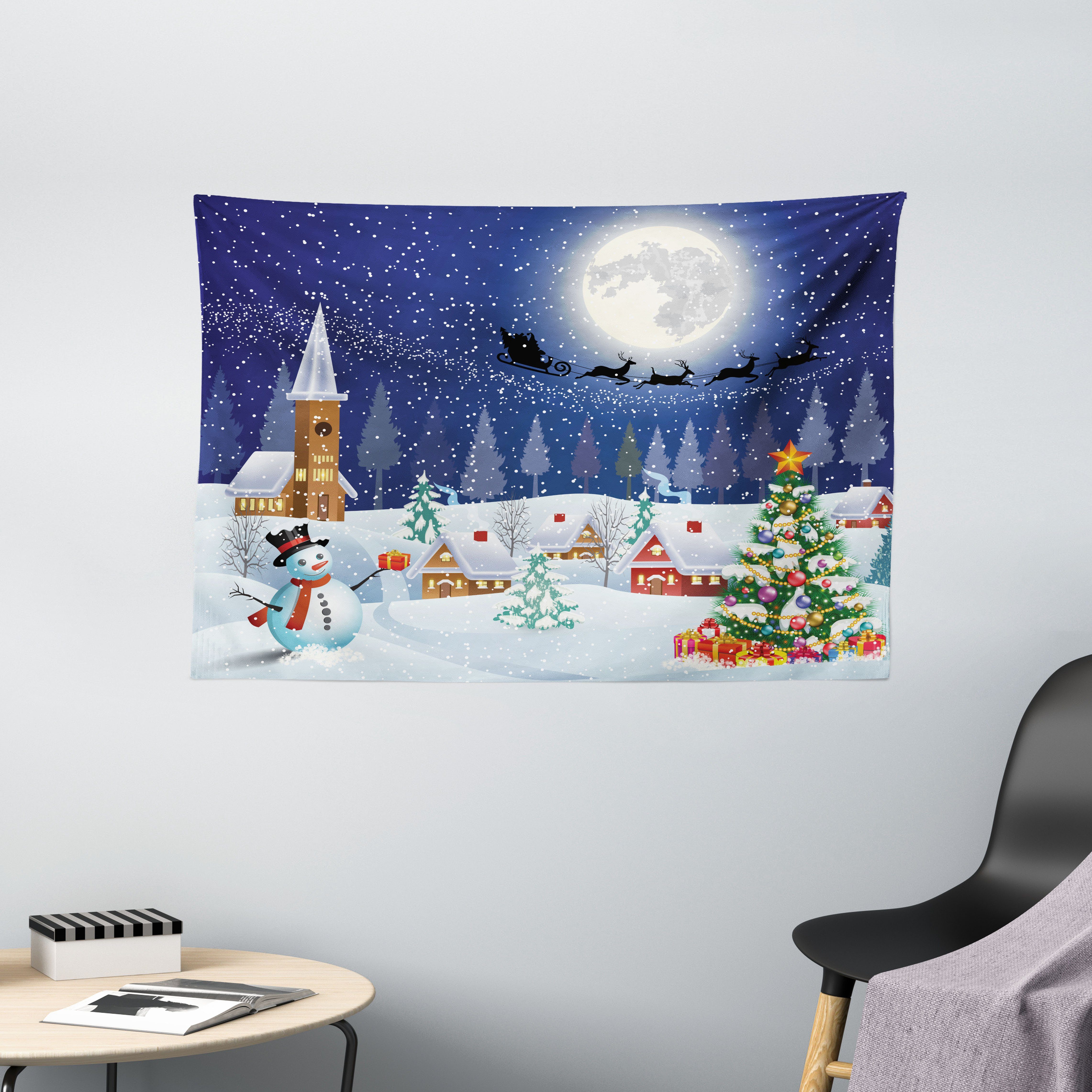 Wandteppich Wohnzimmer Schlafzimmer Wandtuch Seidiges Satin Wandteppich, Abakuhaus, rechteckig, Weihnachten Winterlandschaft