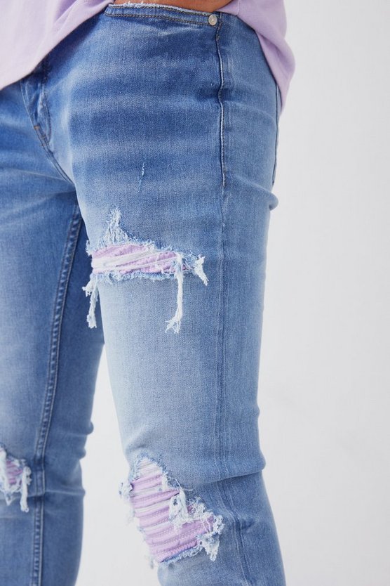 Lila Skinny Stretch PU Bikerjeans mit Rissen