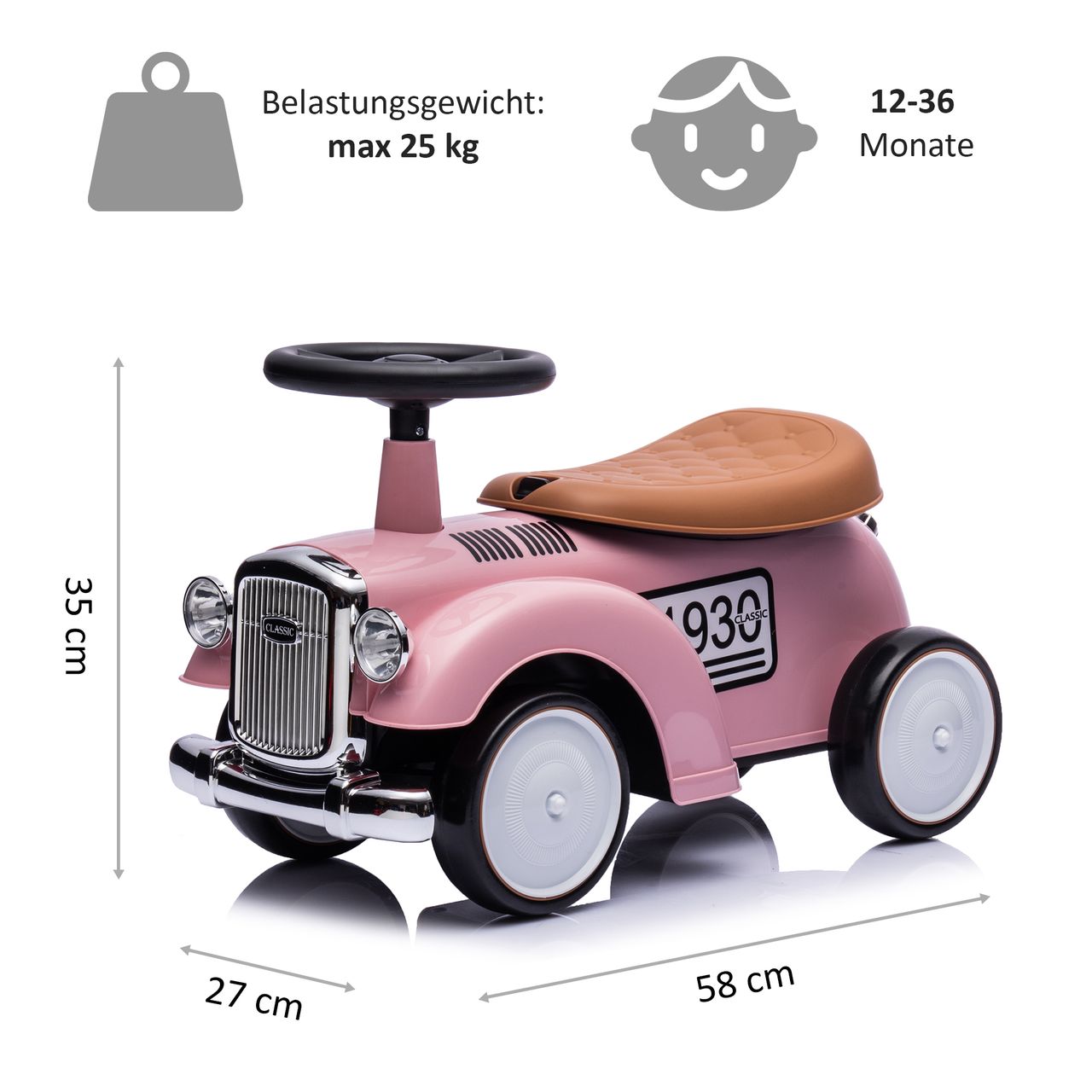 Lemodo Rutschauto ab 1 Jahr, Kinderauto im Retrodesign pink, Kinderfahrzeug mit Hupe