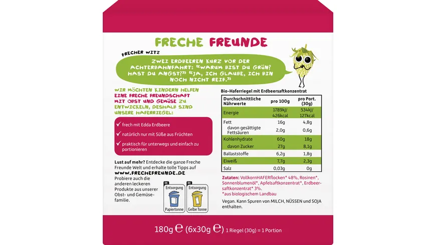 Freche Freunde Bio Fruchtiger Haferriegel Erdbeere 6x30g 180 g