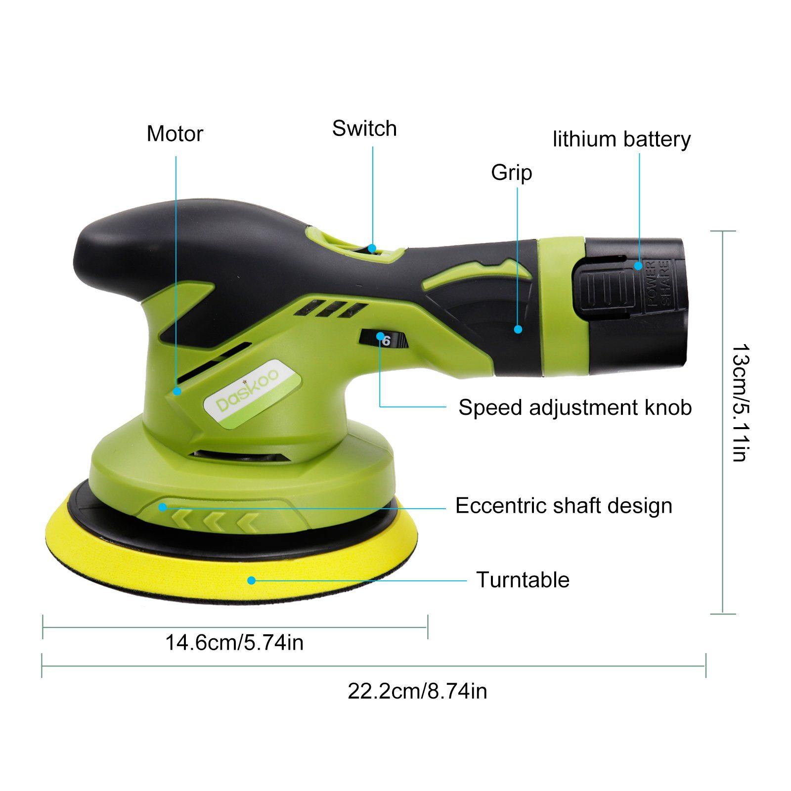 Daskoo Exzenter Poliermaschine Auto Polierer Poliergerät Ø150mm,12V, 6 Geschwindigkeiten Politur set
