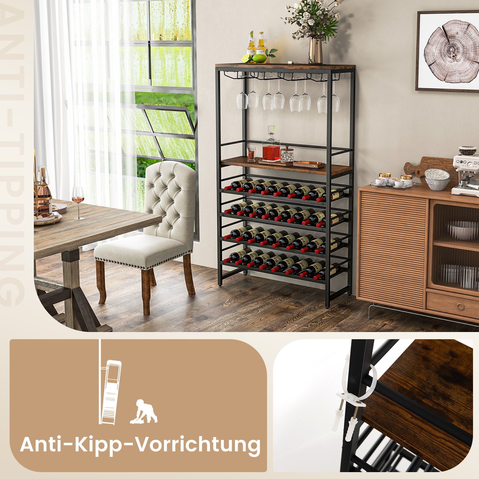 COSTWAY Weinregal, stehend, Metall, für 32 Weinflaschen&16 Gläser, 80x30x140cm