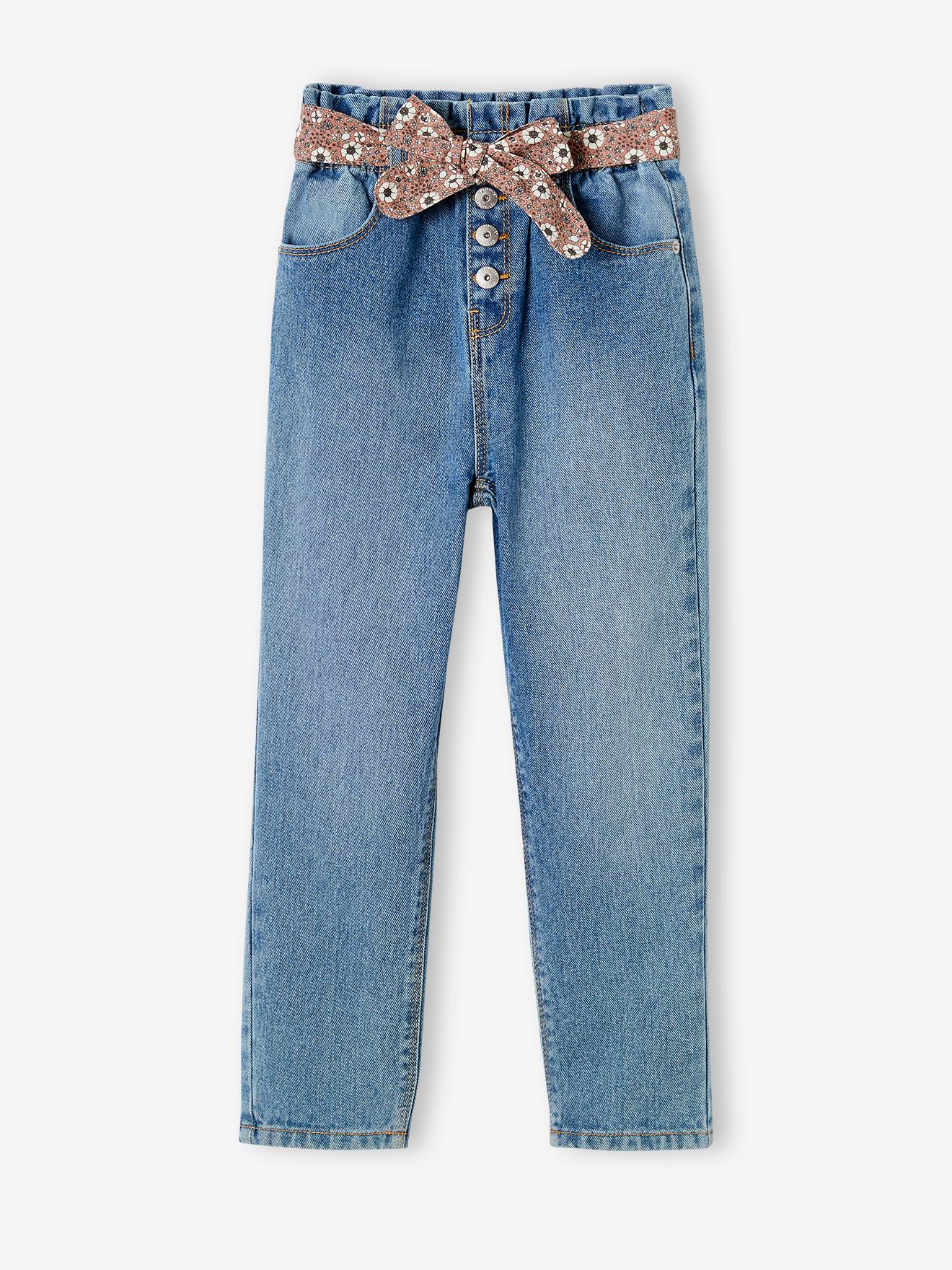 Vertbaudet Mädchen Paperbag-Jeans mit Blumen-Gürtel - grauer denim
