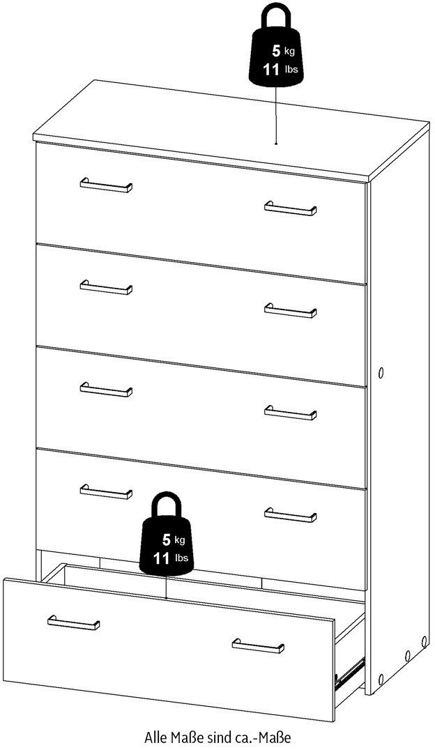 Home affaire Hochkommode, graue Stangengriffe, einfache Selbstmontage, 74,1 x 114,7 x 35,95 cm