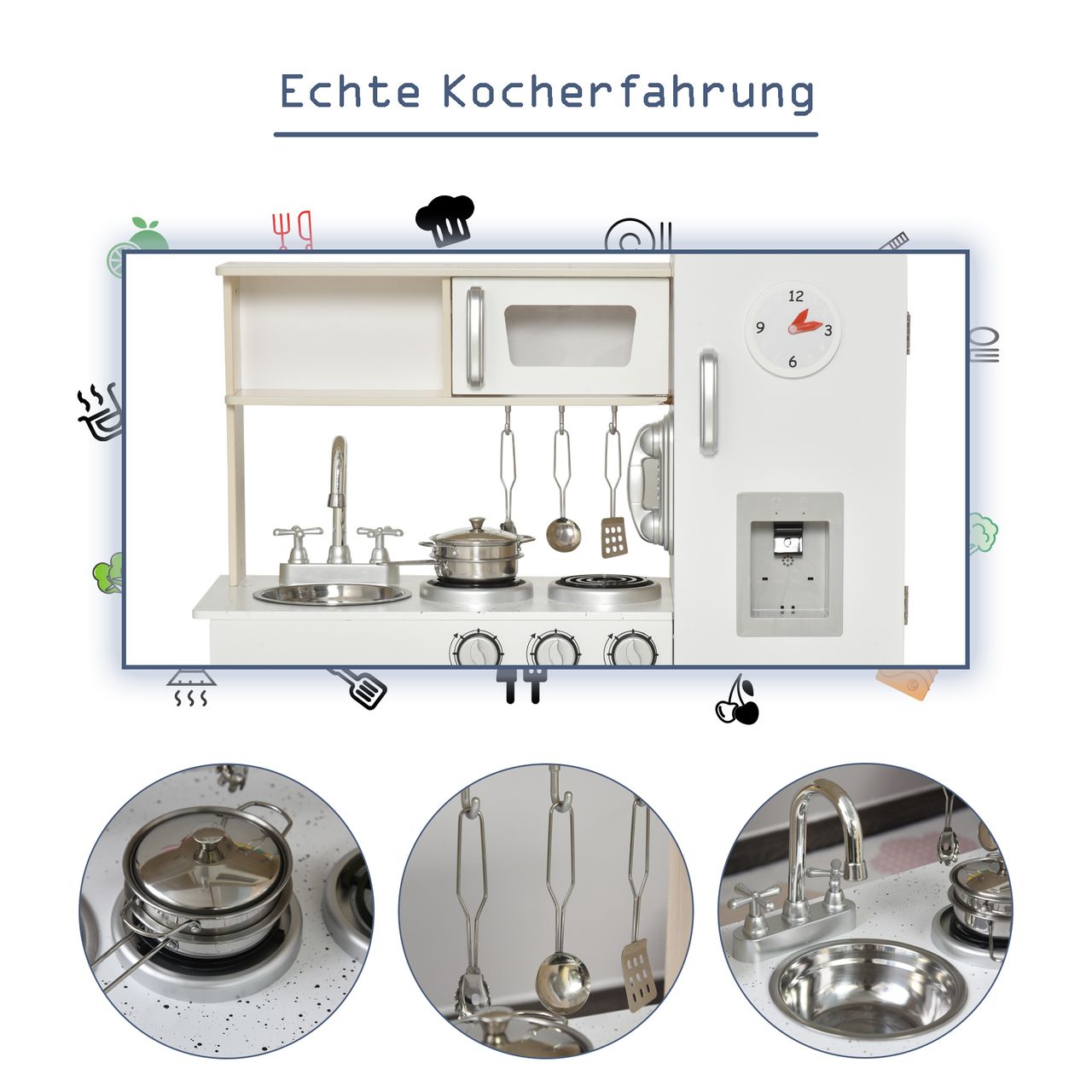 HOMCOM Kinderküche mit Zubehör, Traumküche, Spielküche, Spielzeugküche für 3 Jahre , Kiefer, MDF, Weiß, 74 x 30 x 81 cm