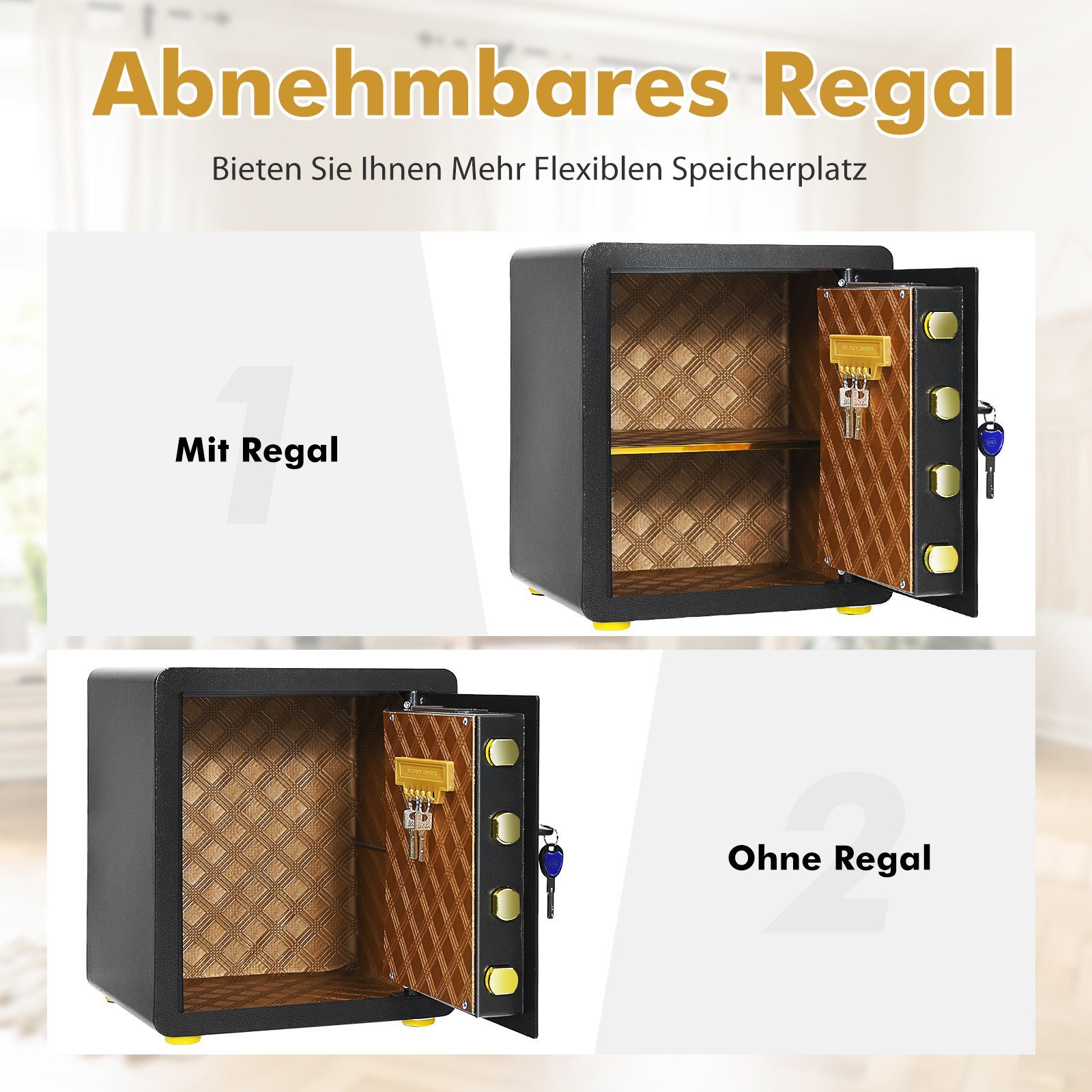 COSTWAY Tresor, 45L, mit abnehmbarem Regal & Alarmsystem, 2 Schlüsseln