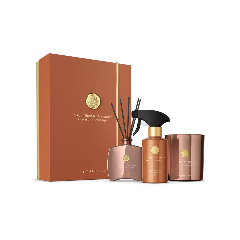 Coffret cadeau Private Collection Suede Vanilla : bougie parfumée L 360 g, mini bâtonnets parfumés 100 ml, parfum d’intérieur 250 ml
