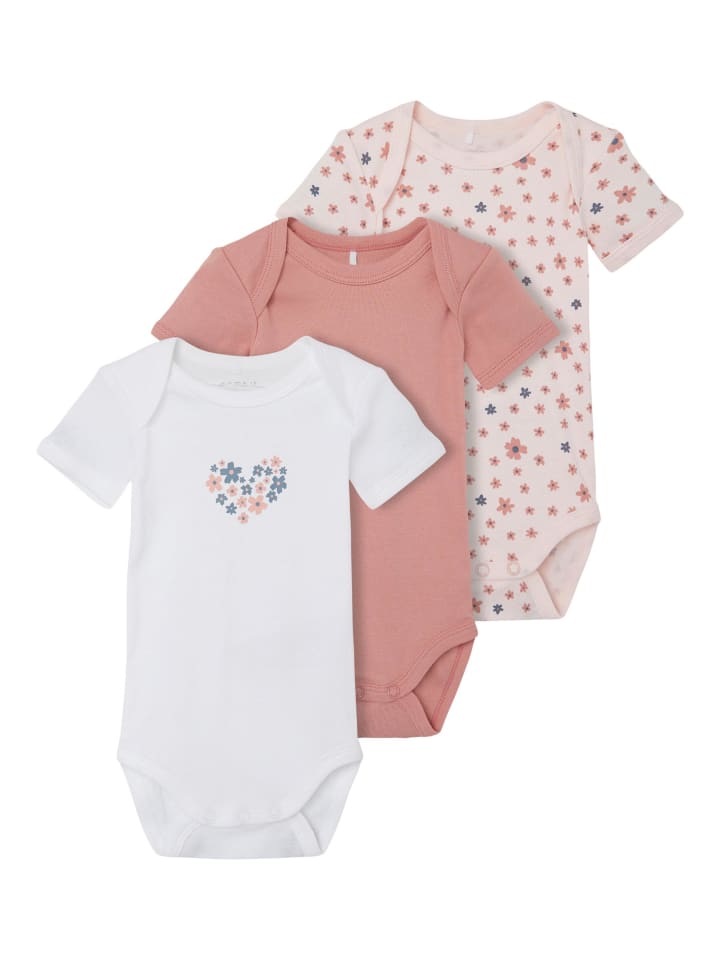 name it 3er Pack kurzarm Baby Body mit Herz und Blumen in Rosa günstig kaufen