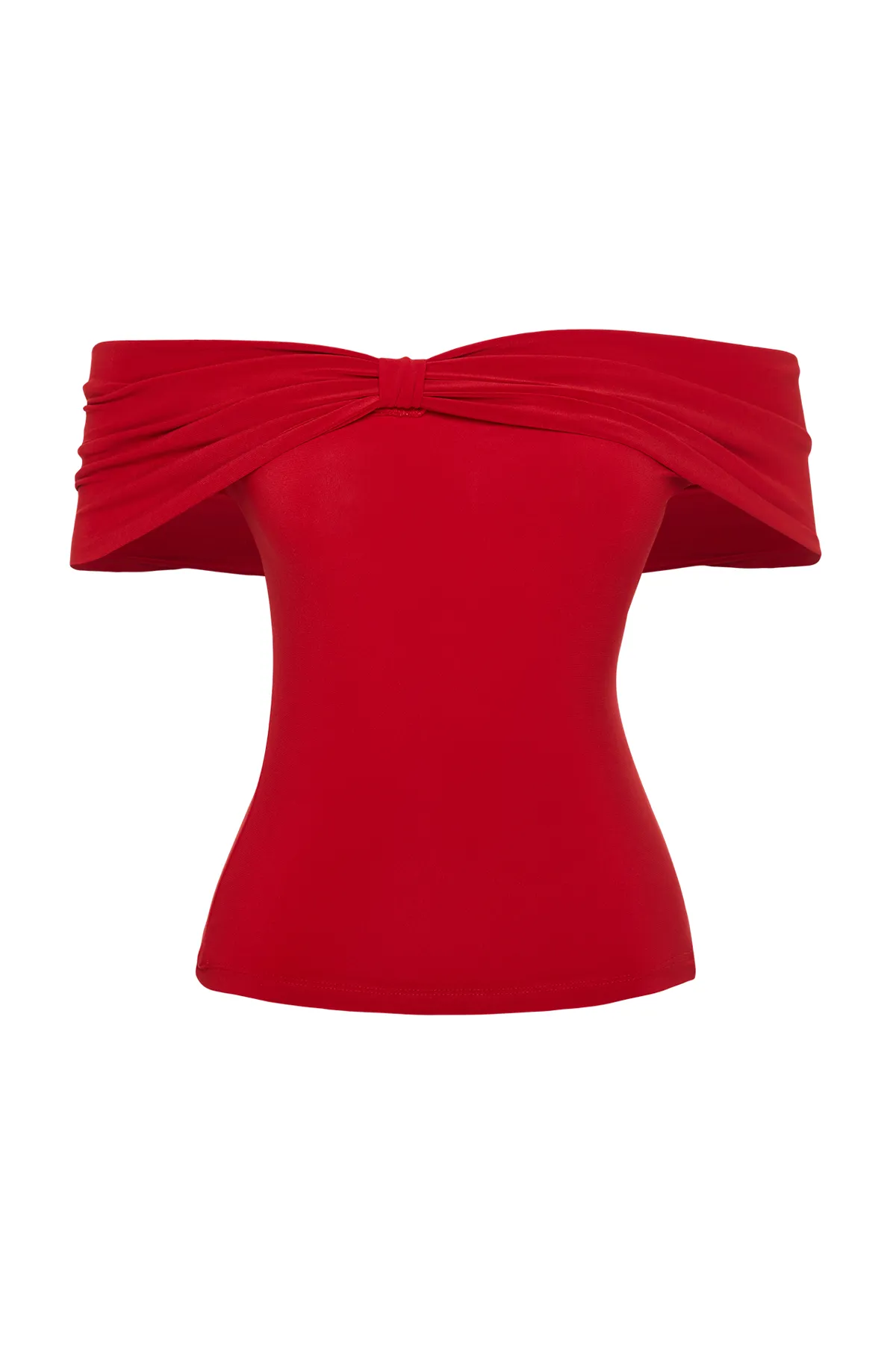Trendyol Collection  Rote Carmenkragen-Bluse mit figurbetontem Schnitt und flexibler Crop-Strick-Optik TWOSS24BZ00368
