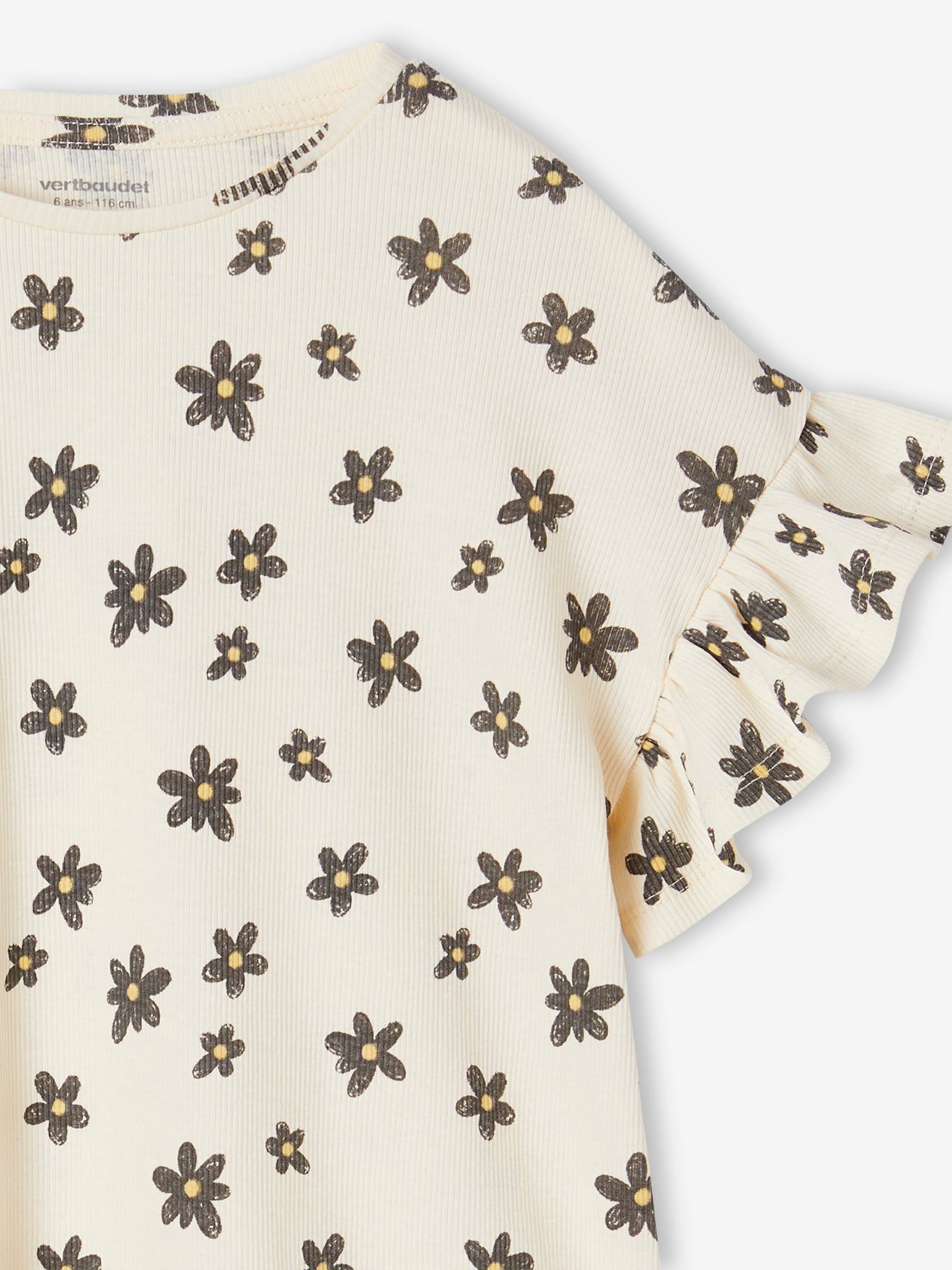 Vertbaudet Geripptes Mädchen T-Shirt mit Recycling-Baumwolle - beige