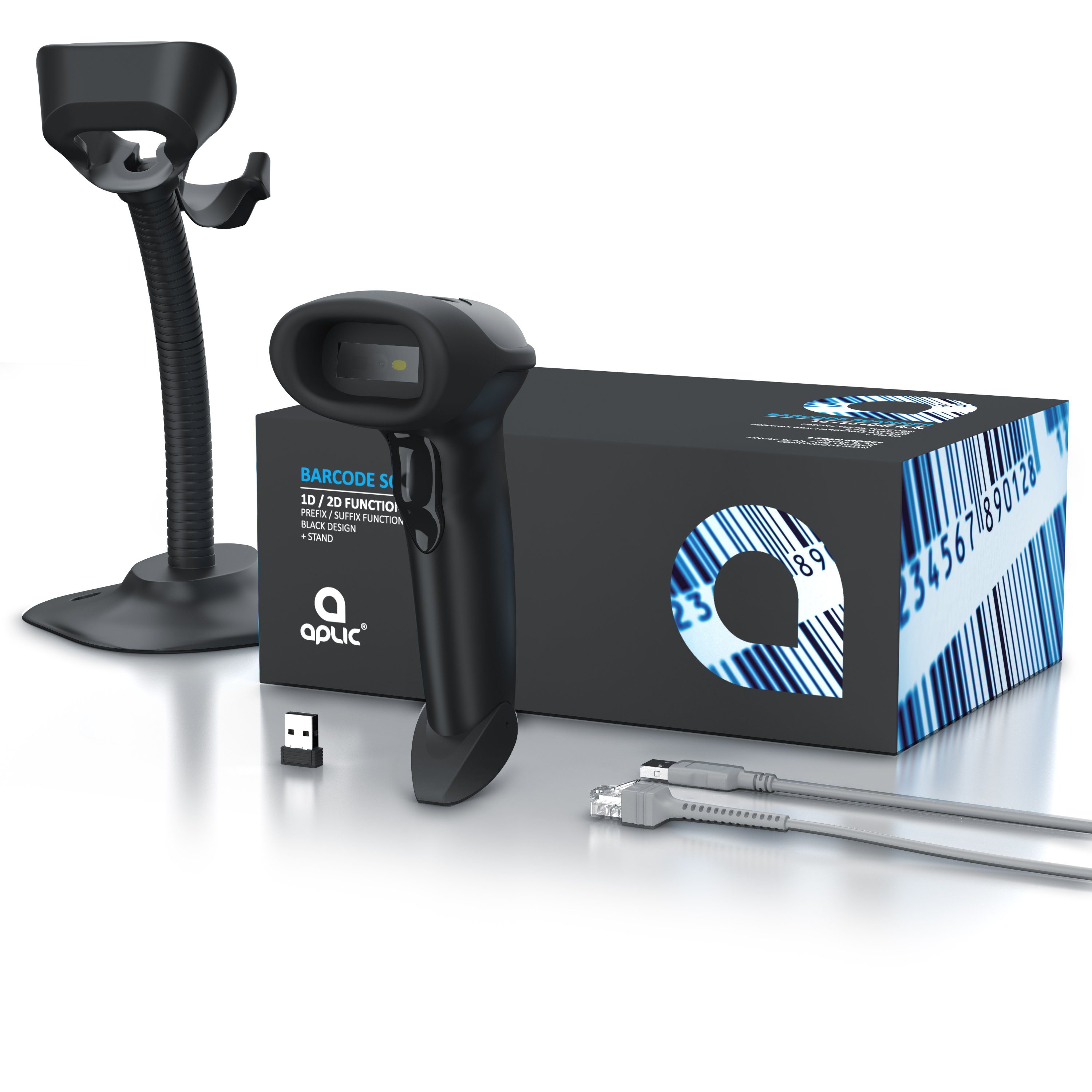 Aplic Handscanner, (Wireless Barcode Scanner 2.4 GHz 1D 2D, 2000 mAh, inkl. Standfuß)