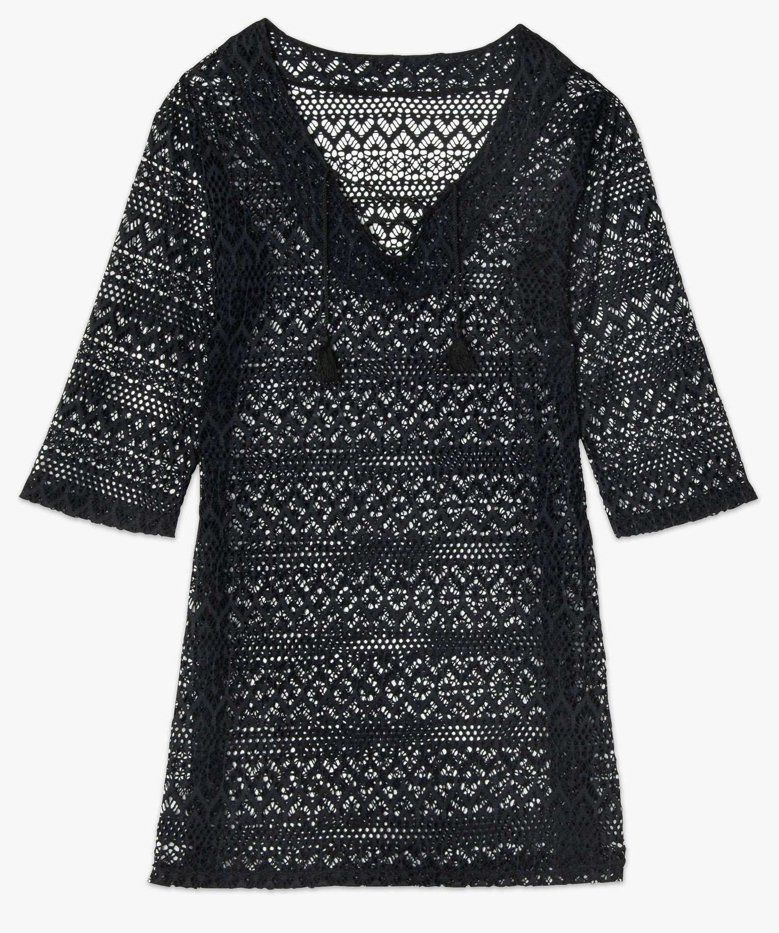 Robe de plage femme courte ajourée à manches 3/4 noir | GEMO