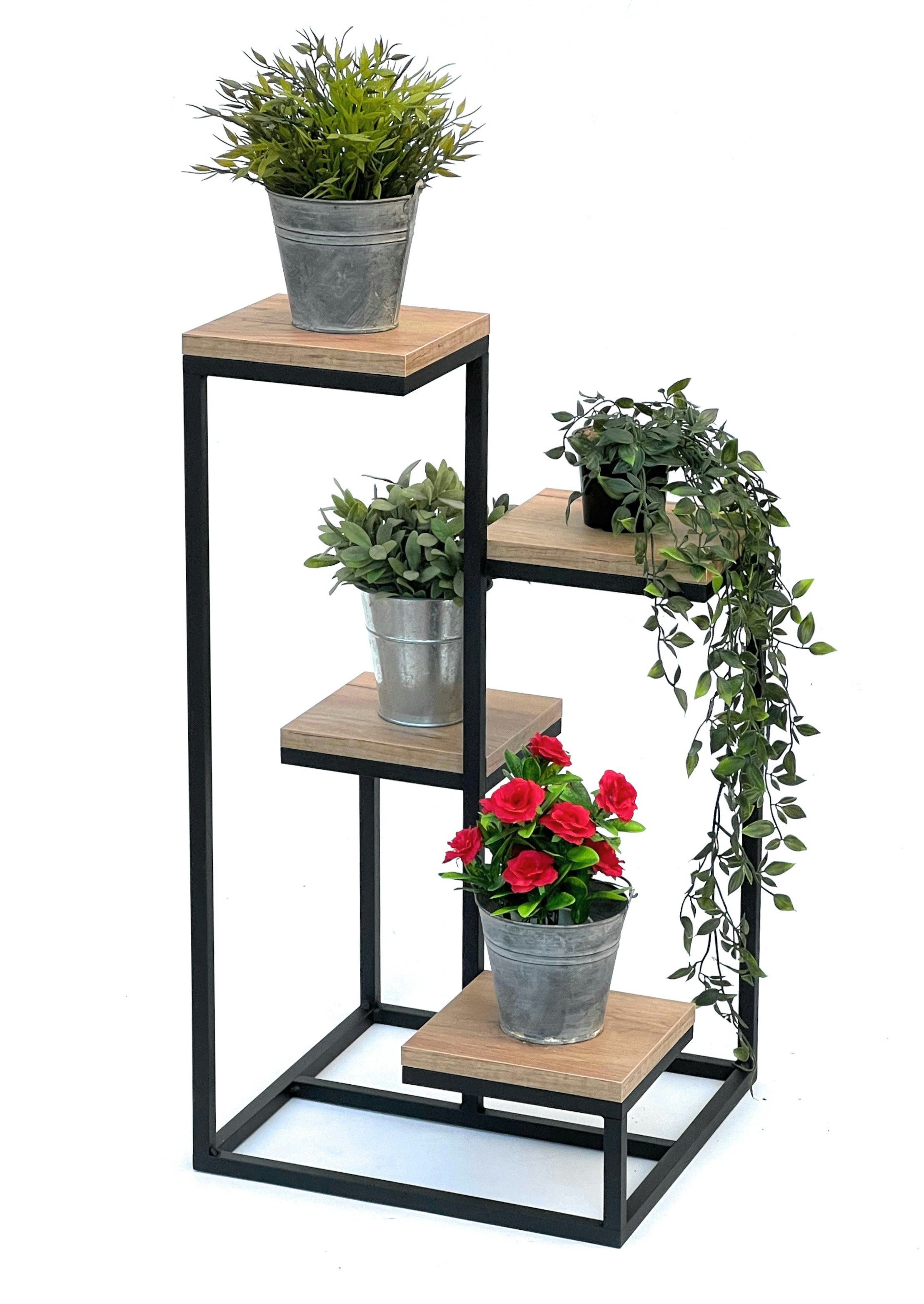 DanDiBo Blumenständer Blumentreppe Metall Schwarz Holz 75 cm Pflanzentreppe Modern