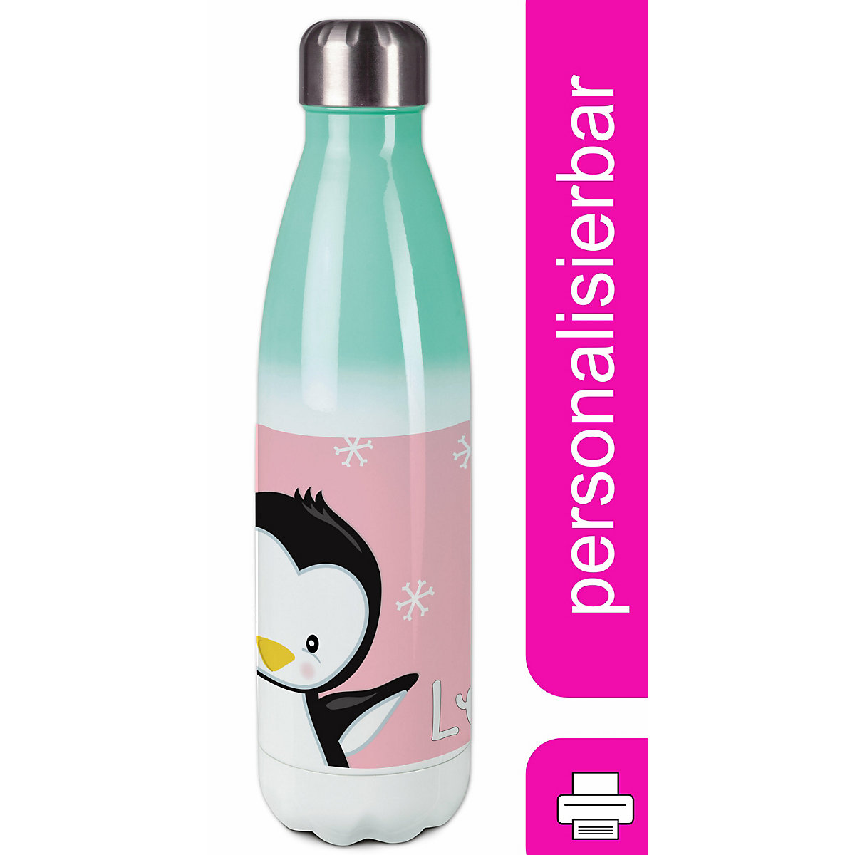 Edelstahl Kinder Thermoflasche / Trinkflasche bunt Pinguin Farbe rosa Spülmaschinenfest, Auslaufsicher, Bruchfest, Doppelwandig, Für Heißgetränke geeignet, Mit Deckel, Isoliert