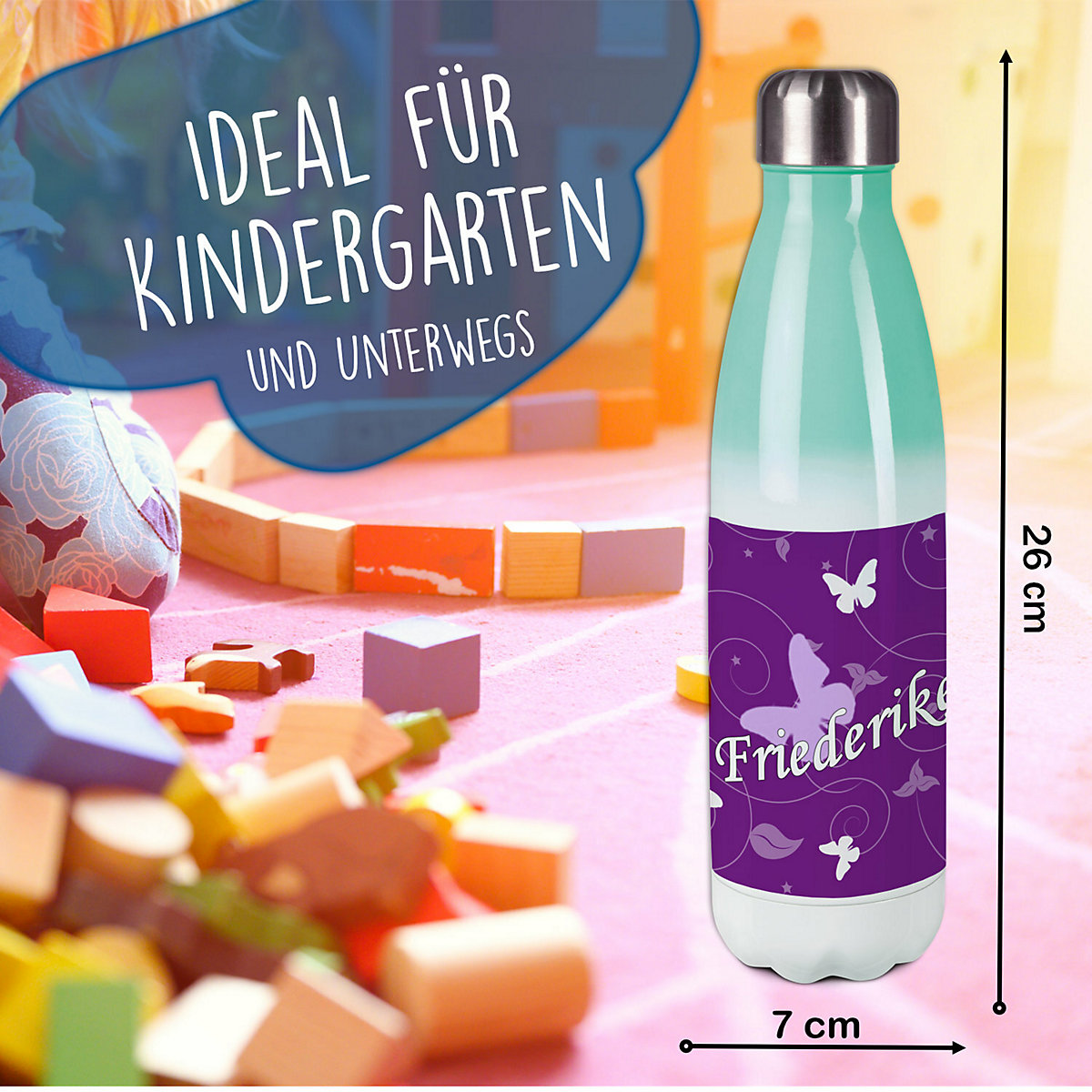 Edelstahl Kinder Thermoflasche / Trinkflasche bunt Schmetterling Ornamente Farbe lila Spülmaschinenfest, Auslaufsicher, Bruchfest, Doppelwandig, Für Heißgetränke geeignet, Mit Deckel, Isoliert