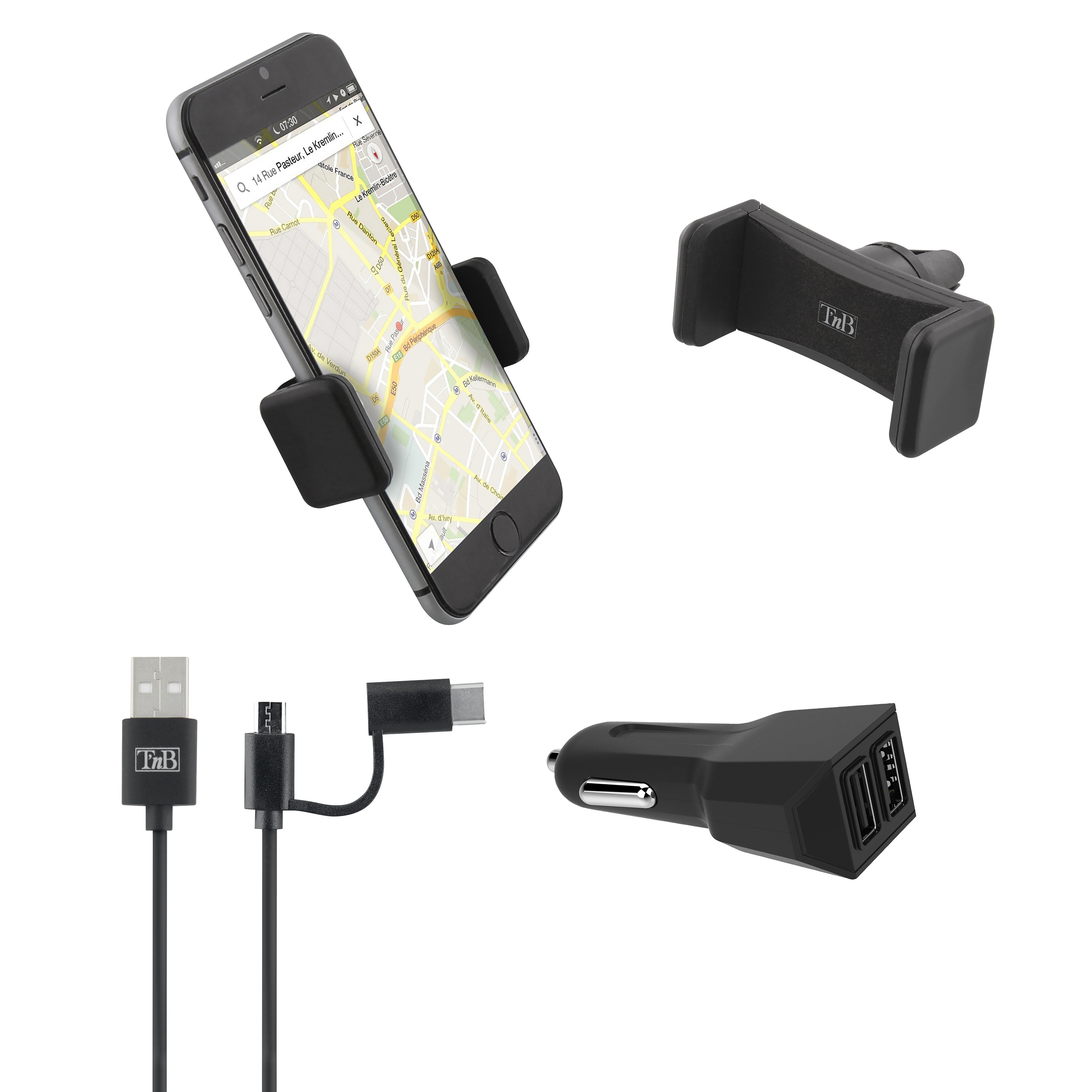 TNB 3-in-1-handyhalterung + 12-V-Steckdosen-Ladegerät + Typ-C/Micro-USB-Kabel - ATU