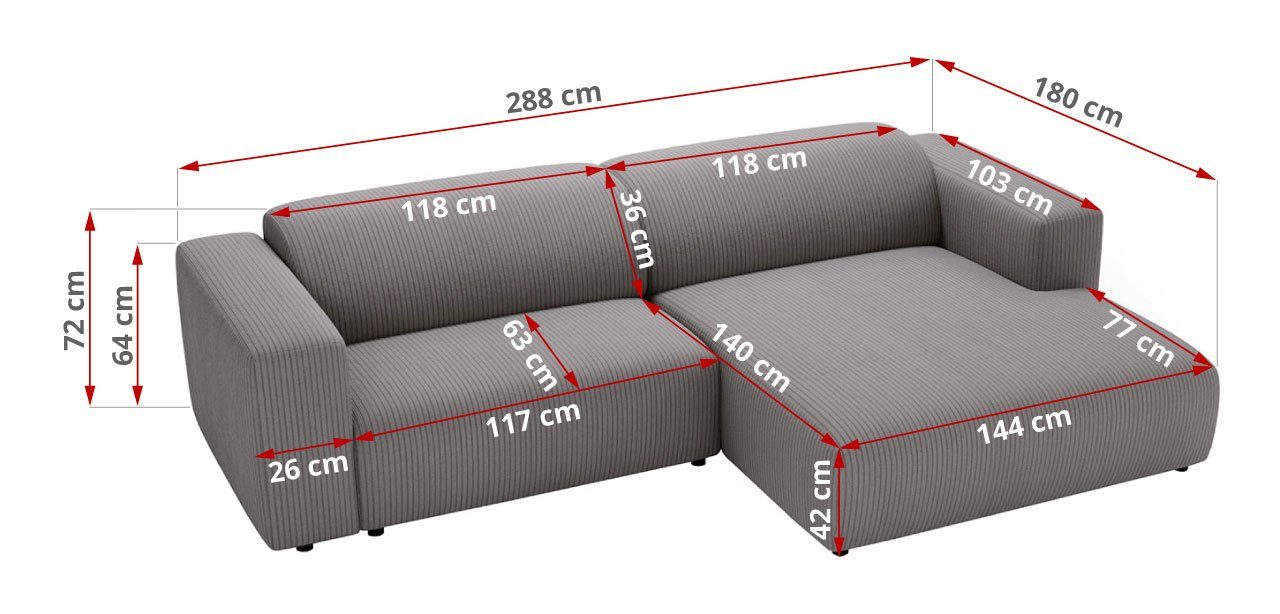 MKS MÖBEL Ecksofa PASADENA, freistehendes Ecksofa, breite Armlehnen, Federsitz