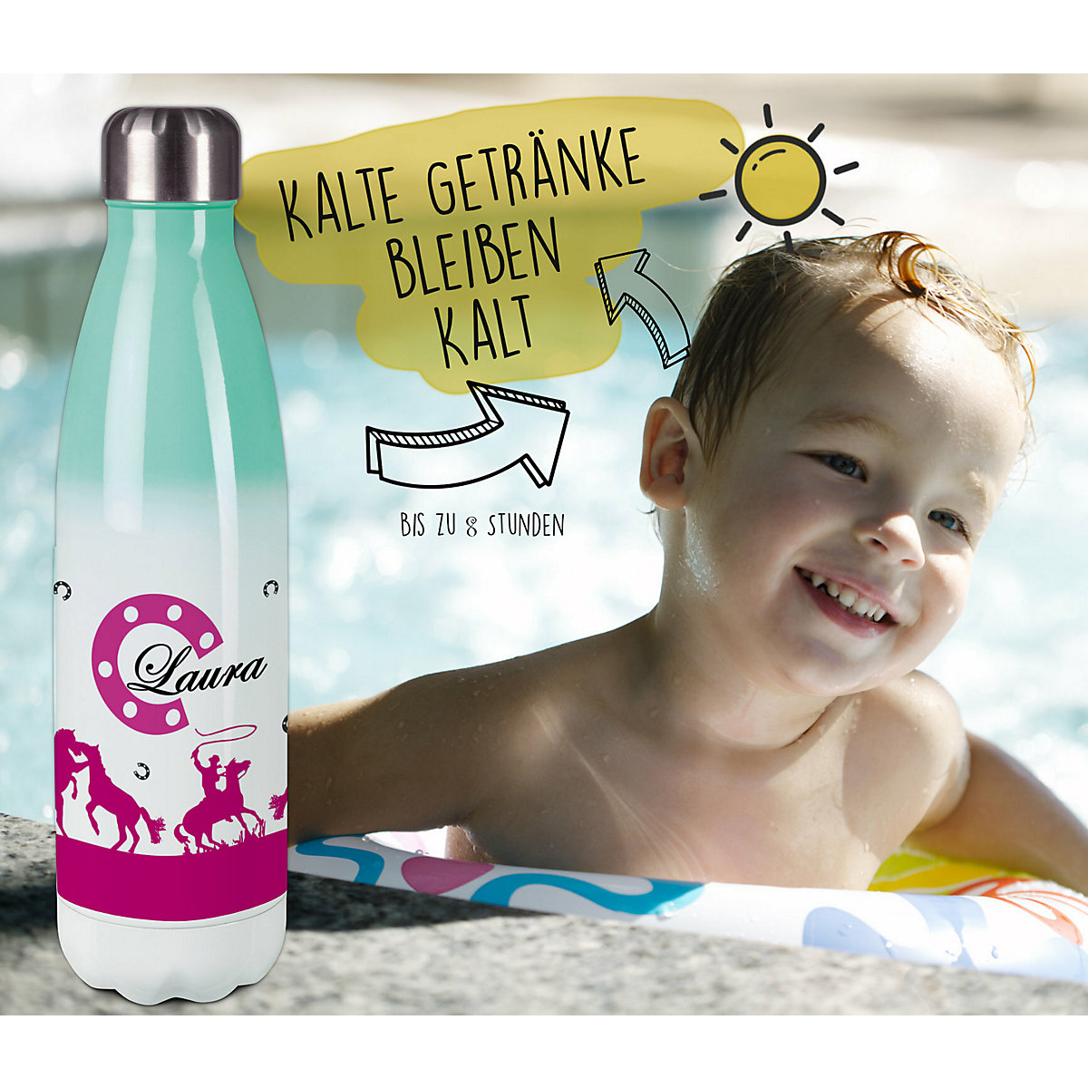 Edelstahl Kinder Thermoflasche / Trinkflasche bunt Cowboy Pferde Farbe pink Spülmaschinenfest, Auslaufsicher, Bruchfest, Doppelwandig, Für Heißgetränke geeignet, Mit Deckel, Isoliert