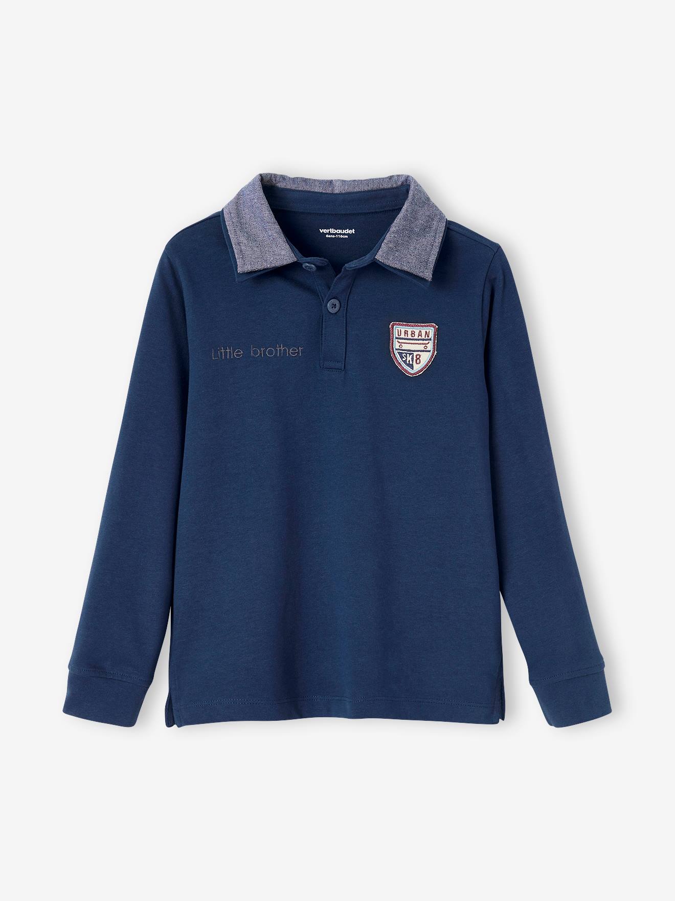 Polo garçon avec badge et col en chambray dark bleu indigo