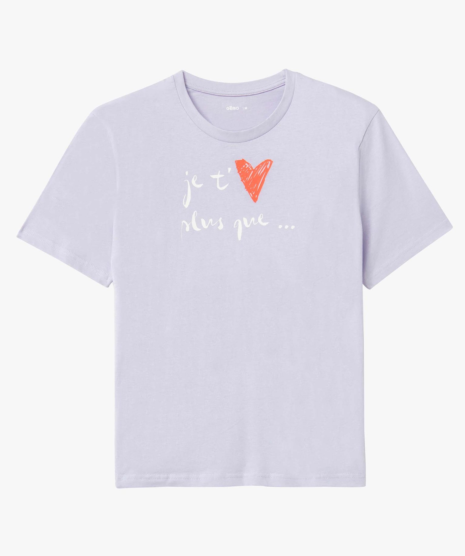 Tee-shirt femme à manches courtes avec message et coeur violet clair | GEMO