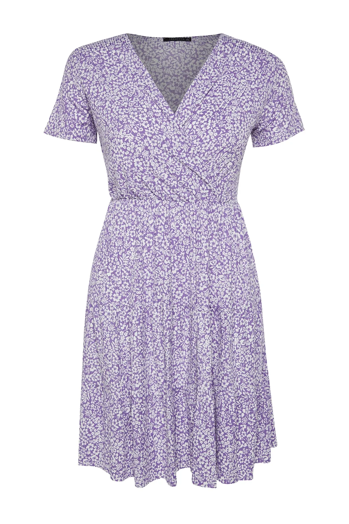 Trendyol Curve  Lilafarbenes Strickkleid mit V-Ausschnitt und Blumenmuster TBBSS22EL1638