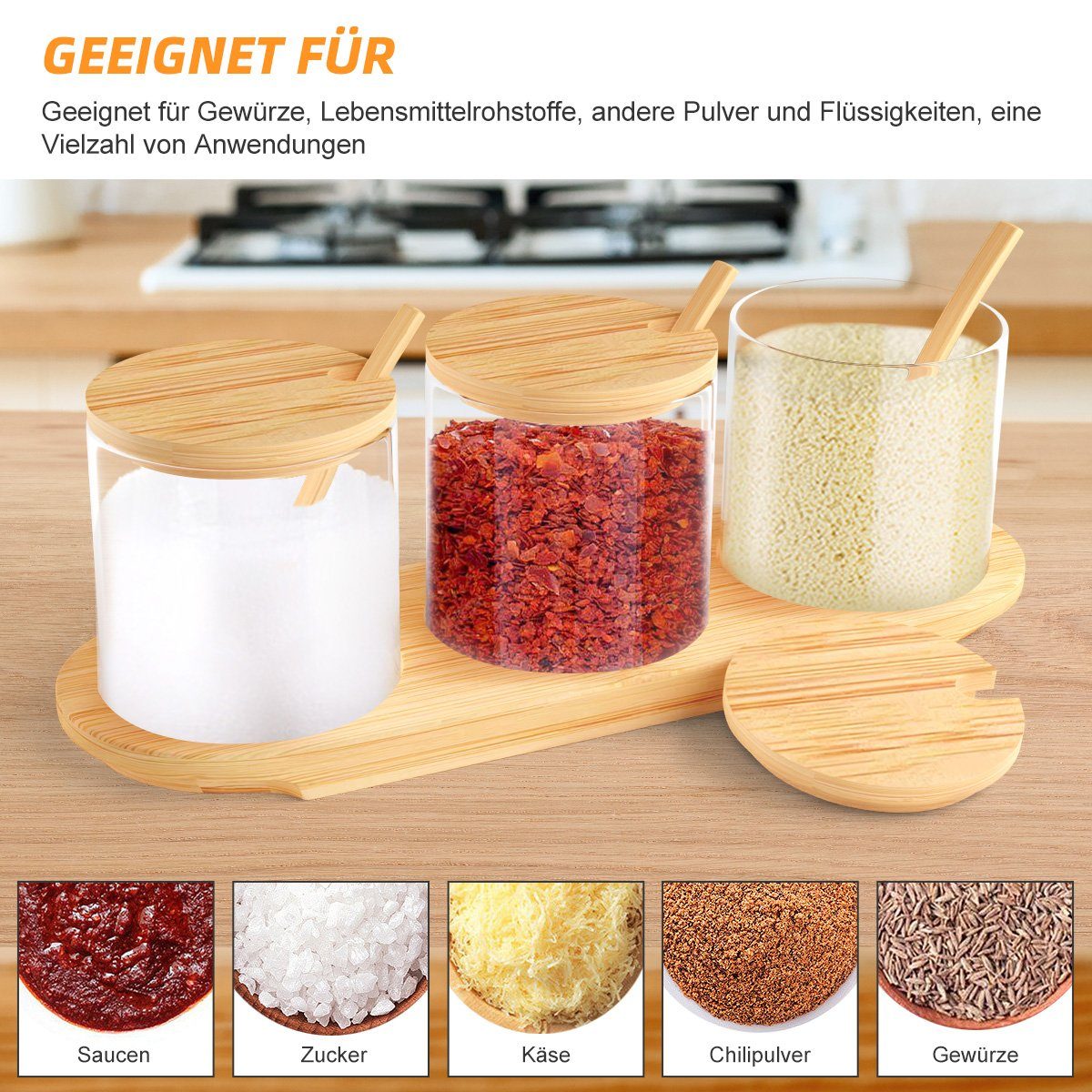7Magic Gewürzbehälter 250ml/300ml Vorratsdosen, Vorratsglas, mit Bambusdeckel und Holzlöffel 3er Set Vorratsgläser
