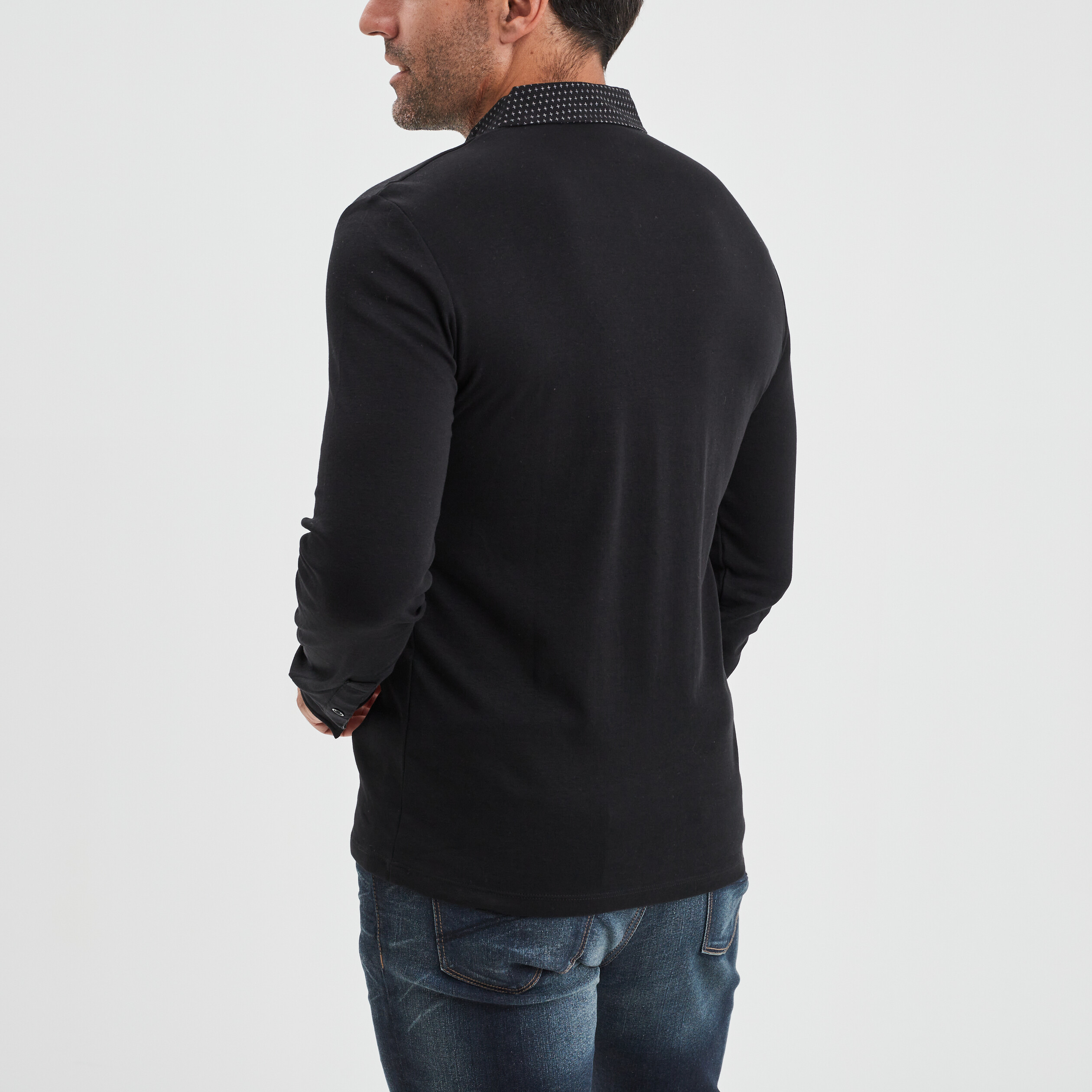 Polo col boutonné manches longues coton noir homme | La Halle