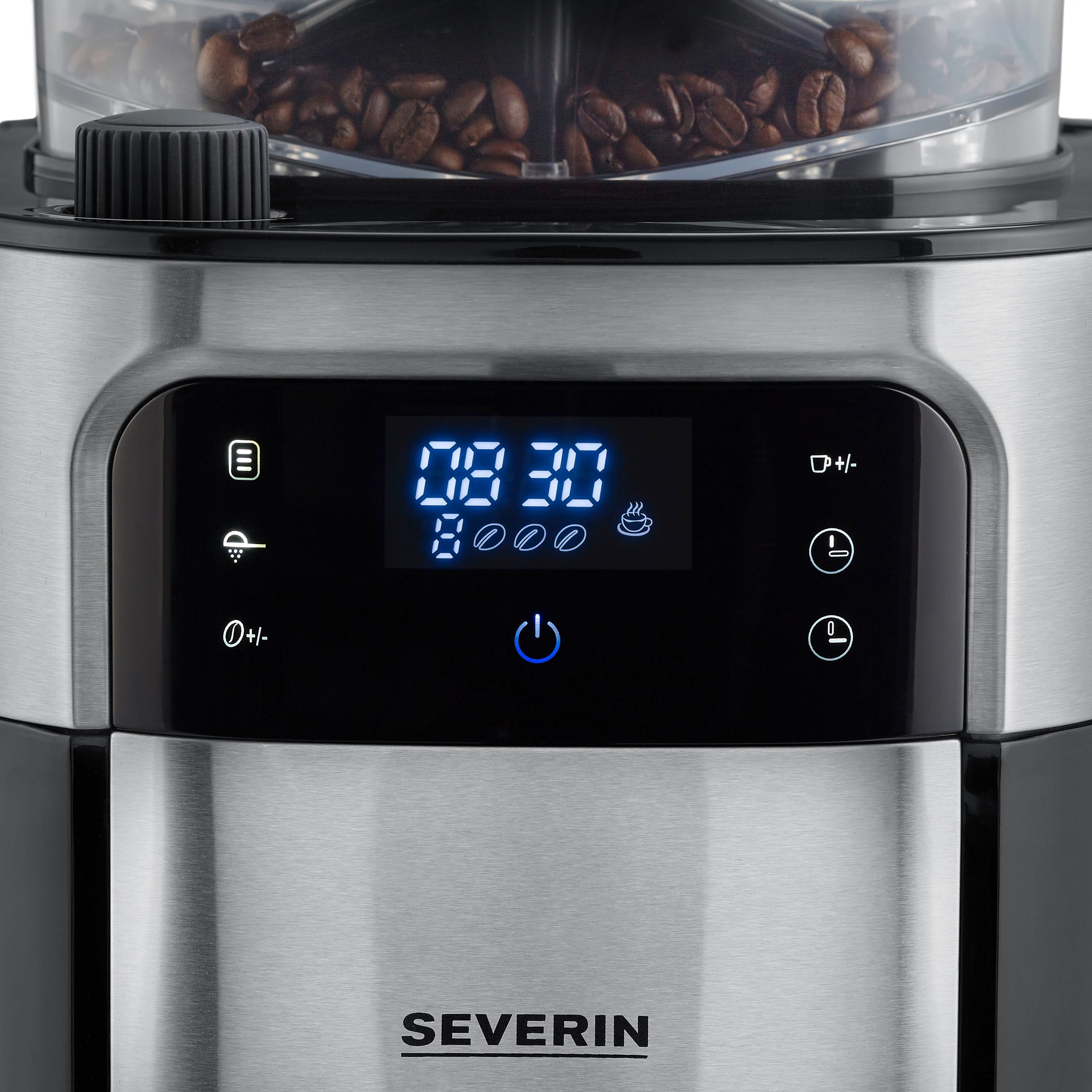 Severin Kaffeemaschine mit Mahlwerk KA 4814, 1l Kaffeekanne, Permanentfilter 1x4, mit Mahlwerk, Schwenkfilter, LED-Touch-Display, Timerfunktion