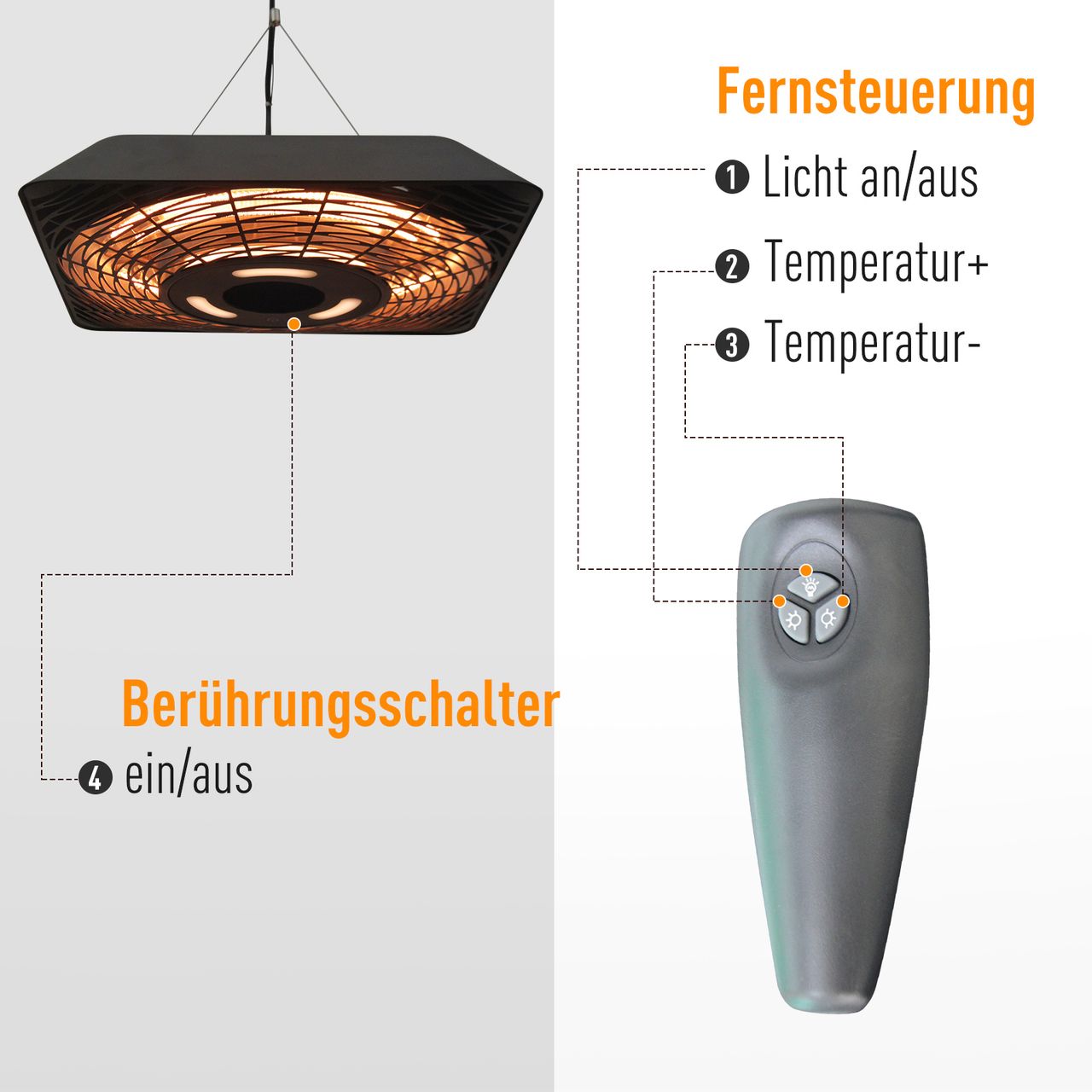 Outsunny Deckenheizstrahler 800W/1200W/2000W 5 Modi Heizstrahler IP45 Elektro Heizpilz mit Fernbedienung LED-Licht Alu Glas