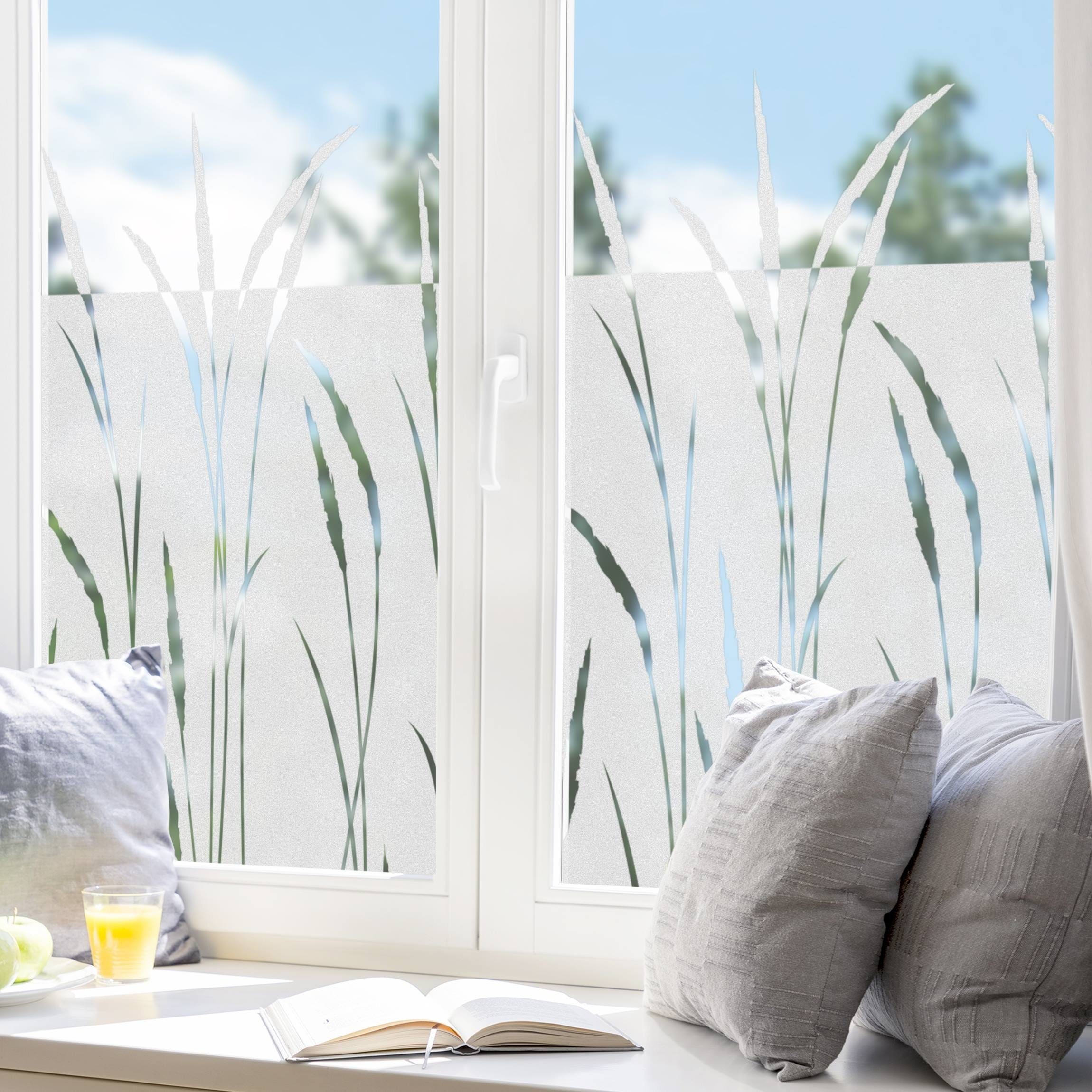 Fensterfolie statisch haftend Motiv Fensterdeko Schilf Gräser Bordüre Blume, Bilderdepot24, blickdicht, Innen Fenster Tür Balkontür Küche Badezimmer Wohnzimmer Schlafzimmer