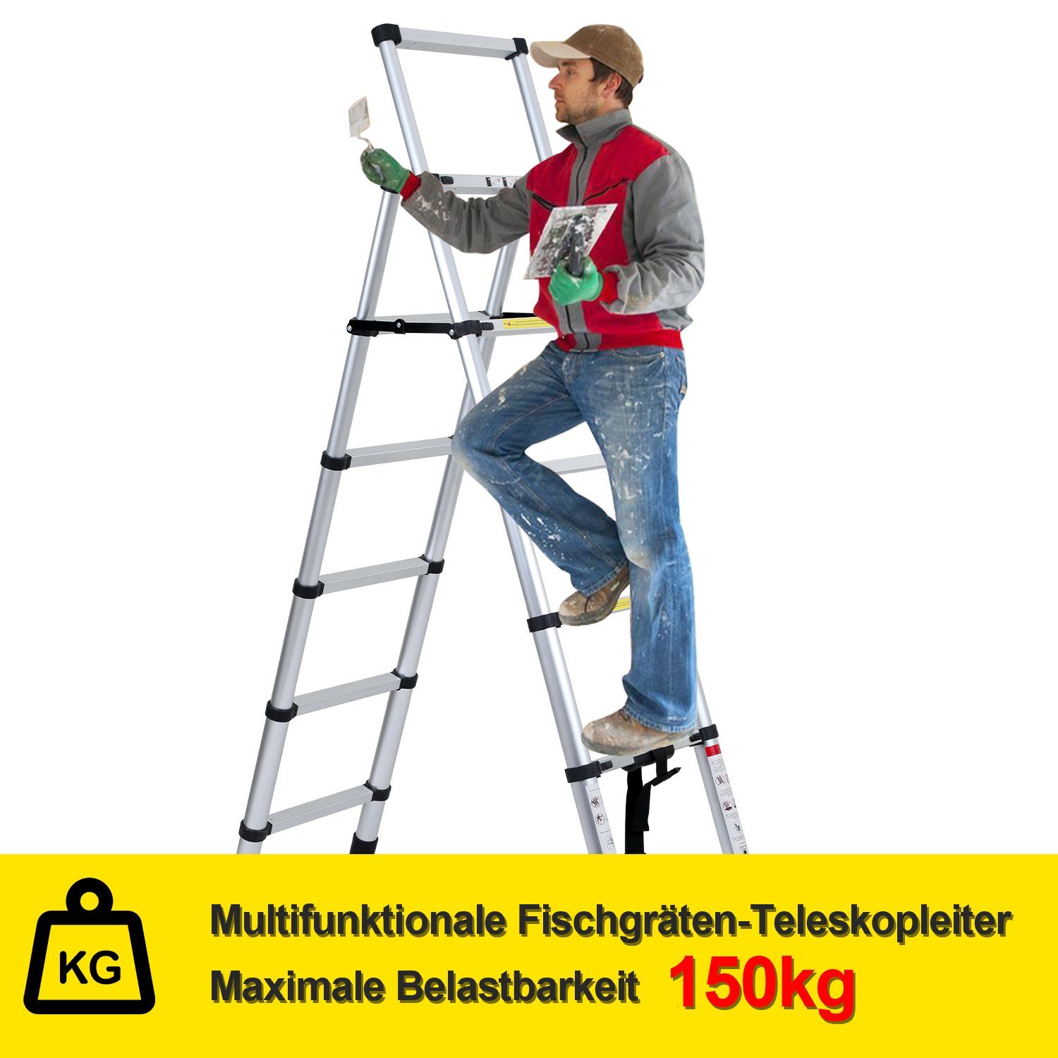 Lospitch Teleskopleiter Teleskopleiter Teleskopleiter Alu 2.6m-5m Ausziehleiter mit haken