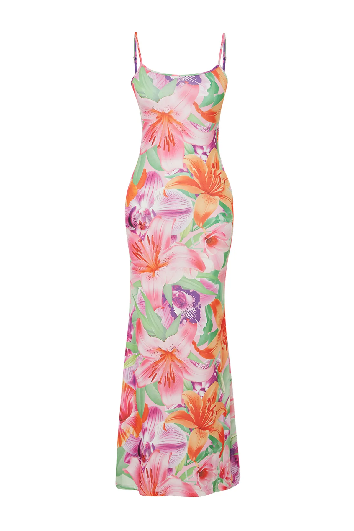 Trendyol Collection  Mehrfarbiges, florales, figurbetontes Maxi-Bleistiftkleid mit Trägern und dehnbarem Strick TWOSS23EL02435
