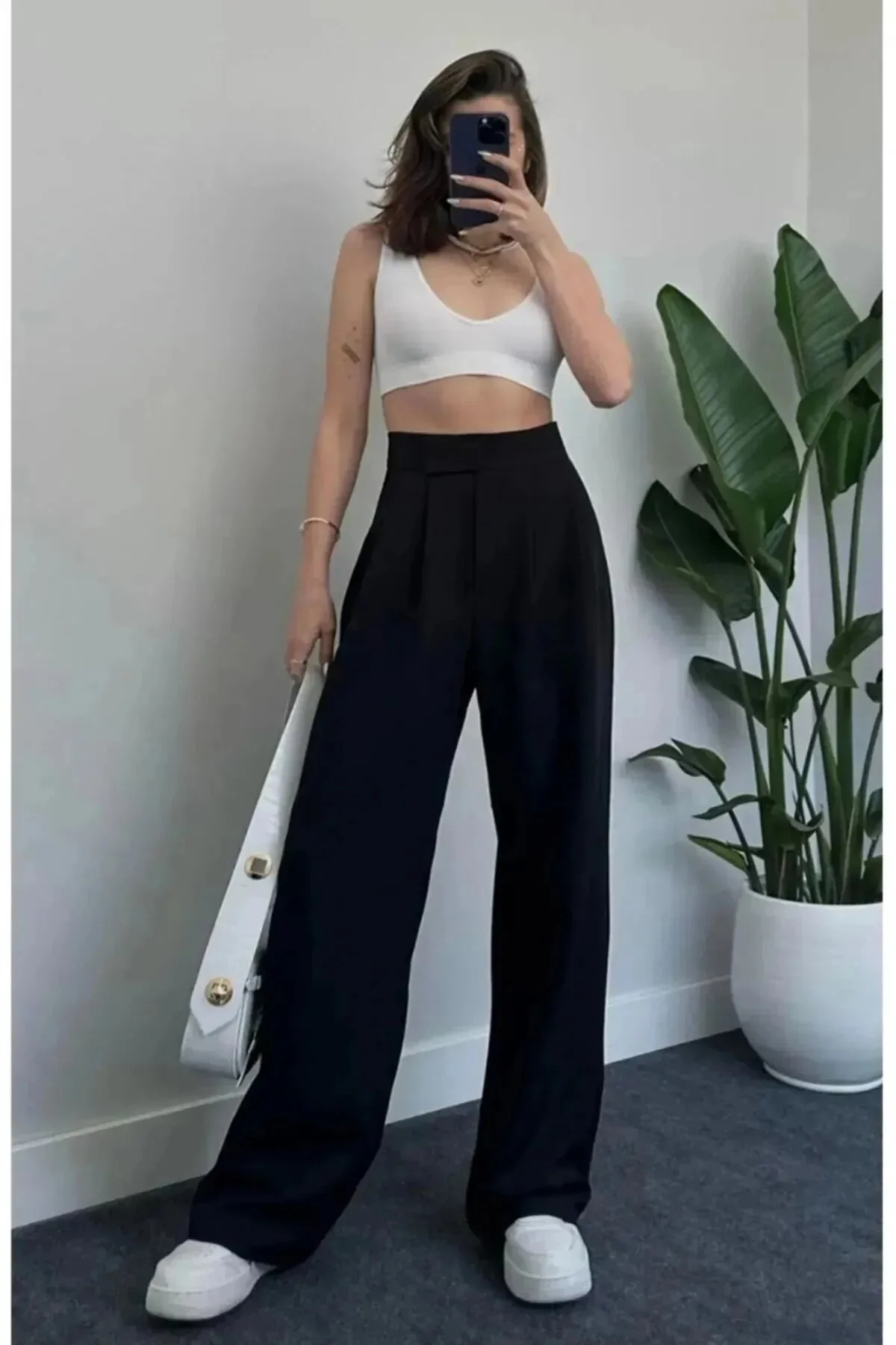 modazoom  Schwarze Palazzo-Hose mit weitem Bein und Klettverschluss für Damen