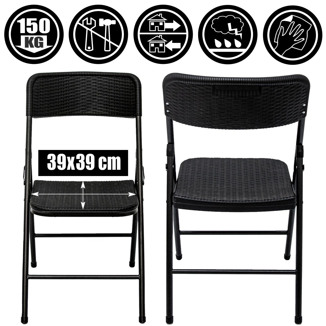 AMANKA 2 schwarze Rattan-Look Klappstühle