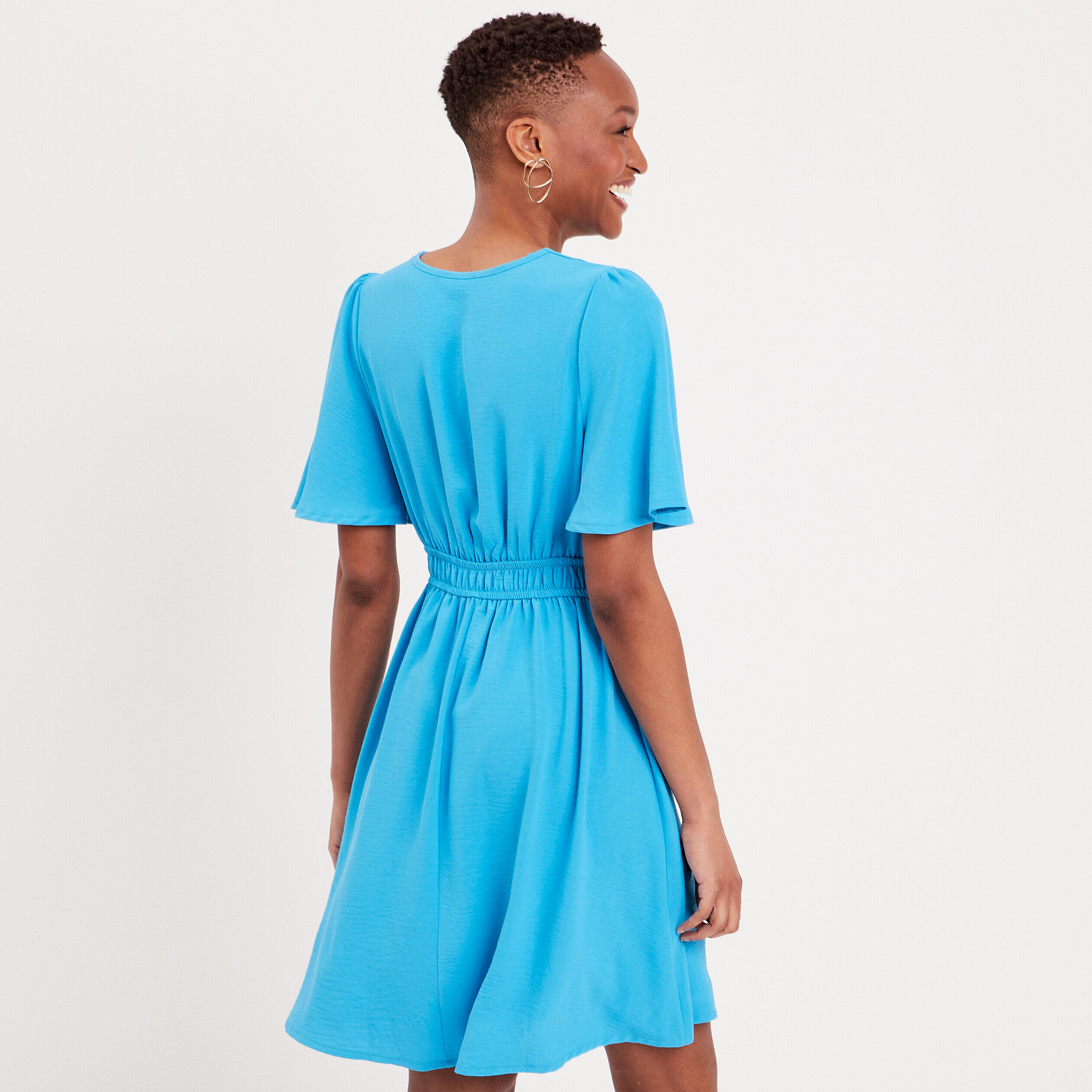Robe évasée fluide élastiquée bleu femme | Cache Cache