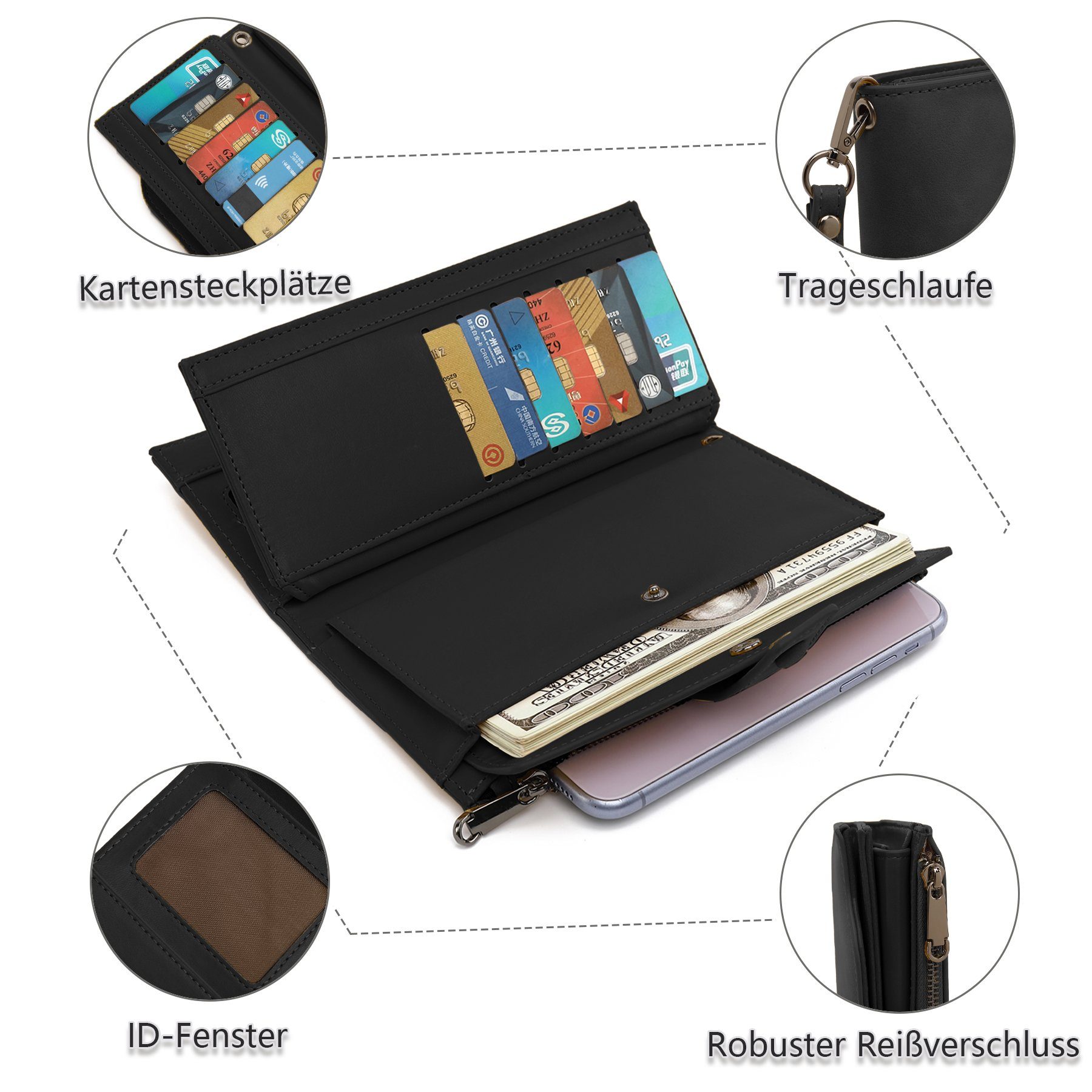 TAN.TOMI Brieftasche Geldbeutel Damen Geldbörse große Portemonnaie lange Brieftasche, mit Lanyard elegant, Steckplätze mit mehreren Kreditkarten