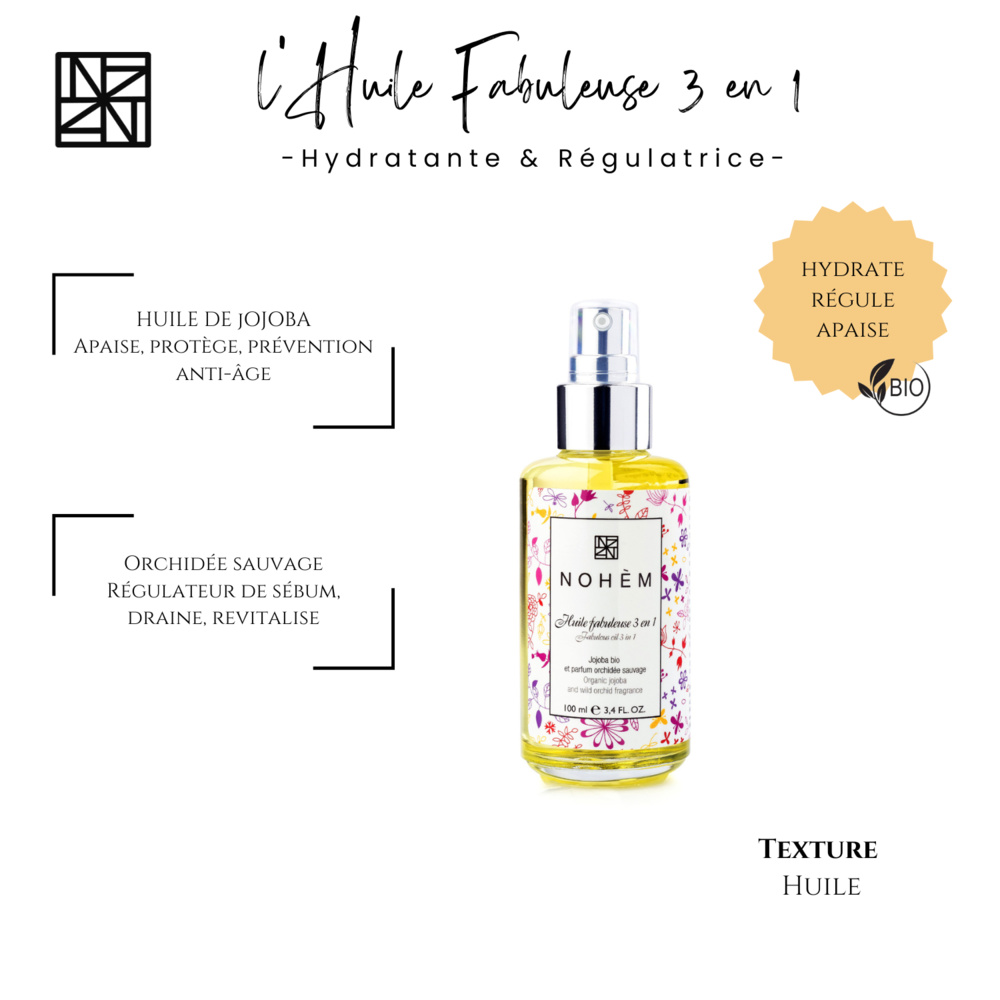 nohèm Huile fabuleuse 3 en 1 huile jojoba corps et visage