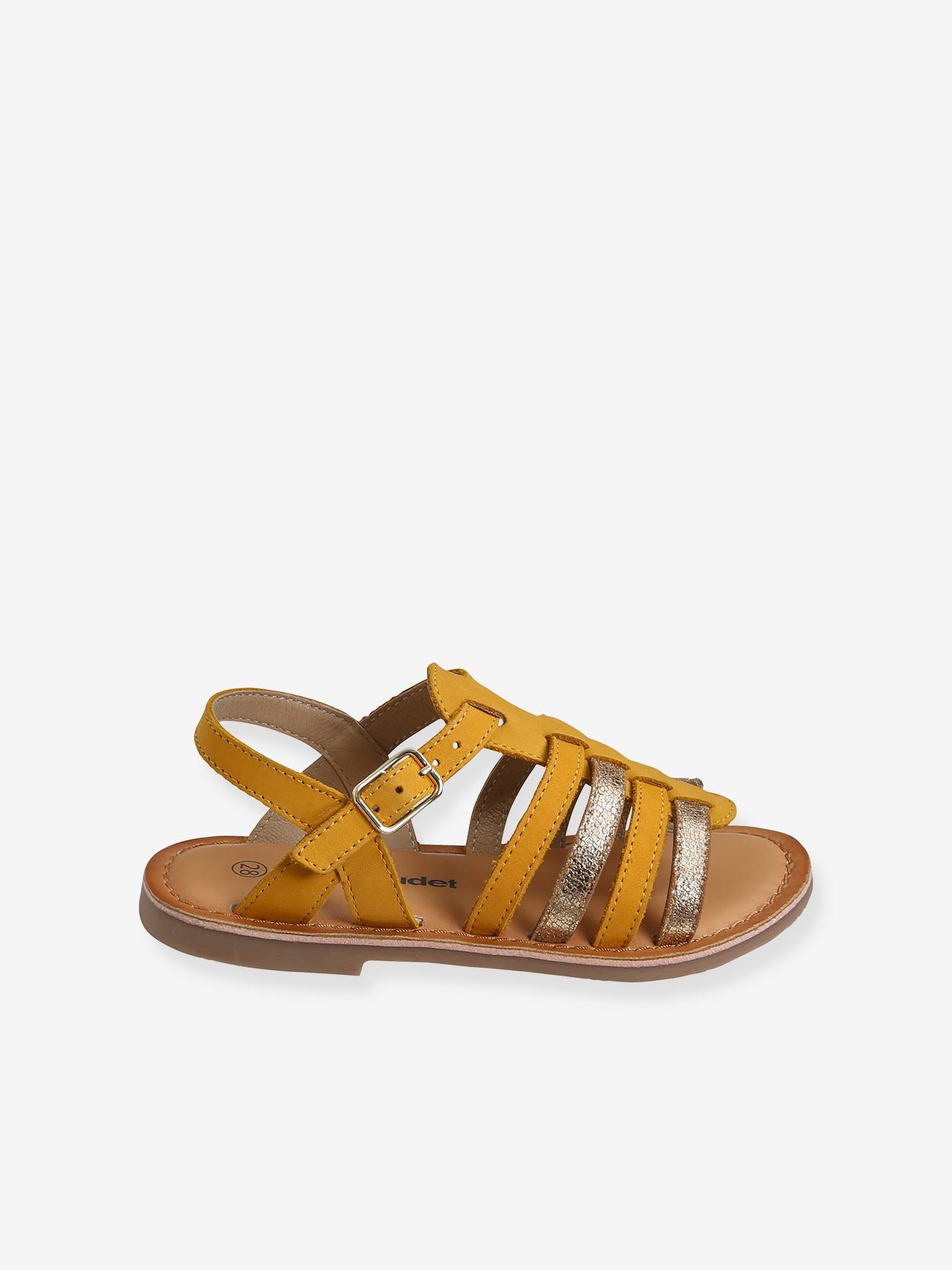 Sandales multi-brides cuir fille jaune fluo