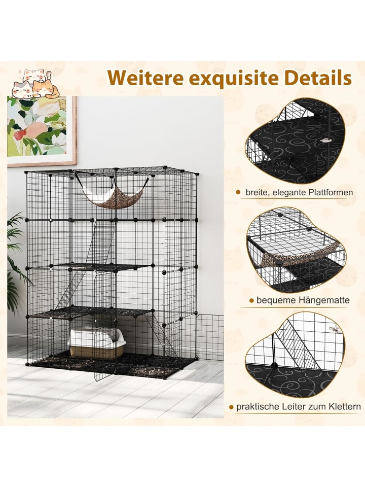 COSTWAY Katzenkäfig 4-stöckig 109,5 x 74 x 142cm in Schwarz günstig kaufen onesize