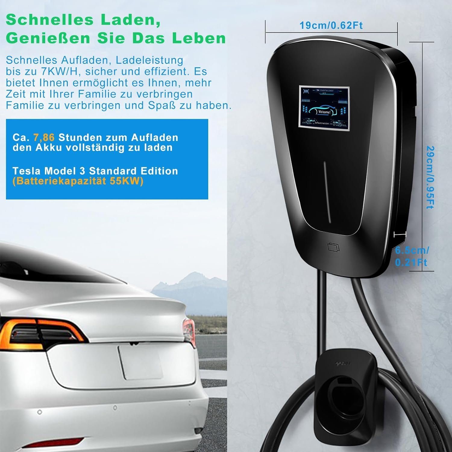 JOEAIS EV Chargers Wall Box 7KW 32A Typ 2 Ladekabel Ladestation EV Ladegerät Elektroauto-Ladegerät (5M Ladekabel Ladestationen, Home Wallboxen RFID oder APP Autorisiert, für Elektrofahrzeuge und Plug-in Hybride)